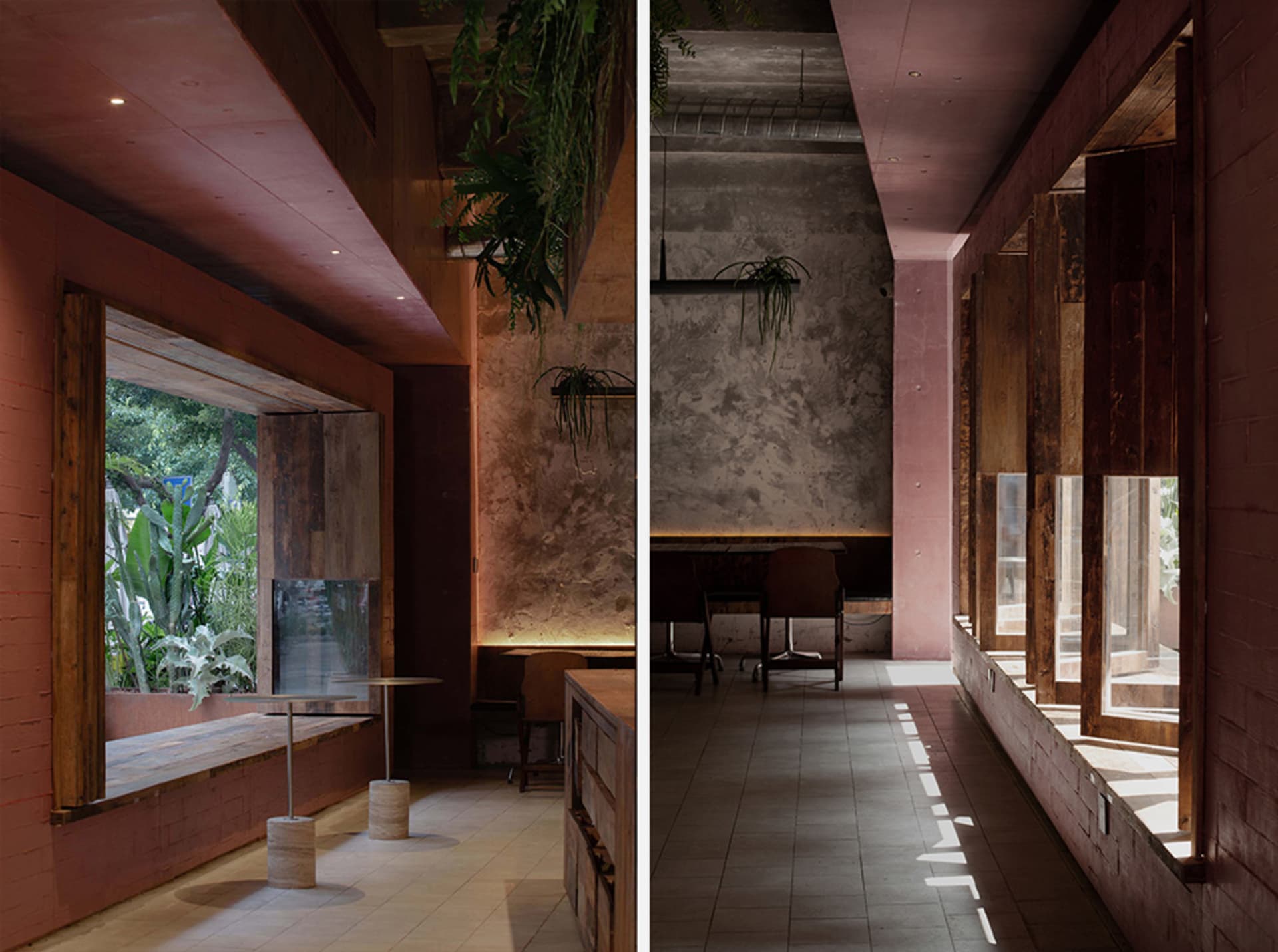 Modern design of a cafe interior featuring concrete walls and wooden elements.