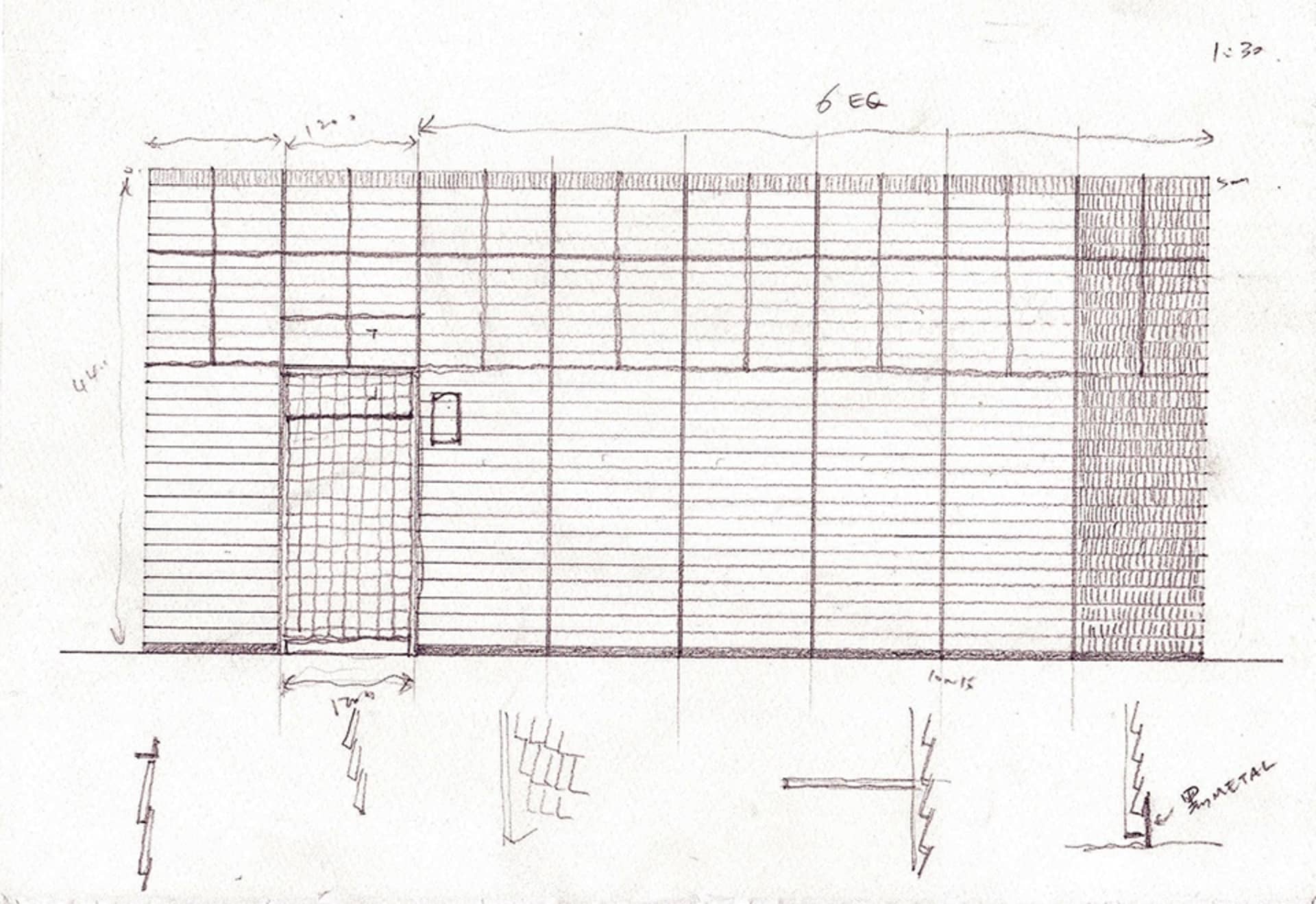 A detailed architectural drawing of a modern building facade featuring metal framing.