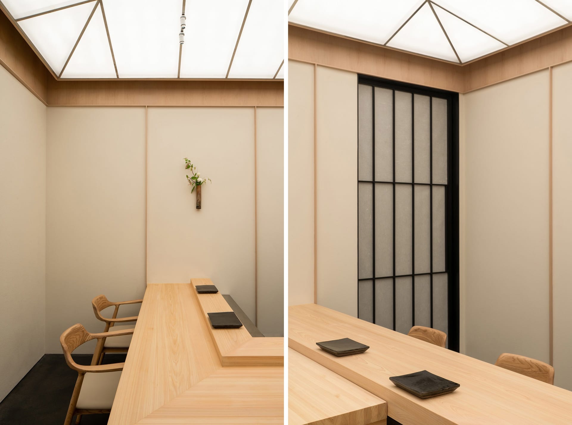 Modern restaurant interior featuring wooden tables and minimalist design.