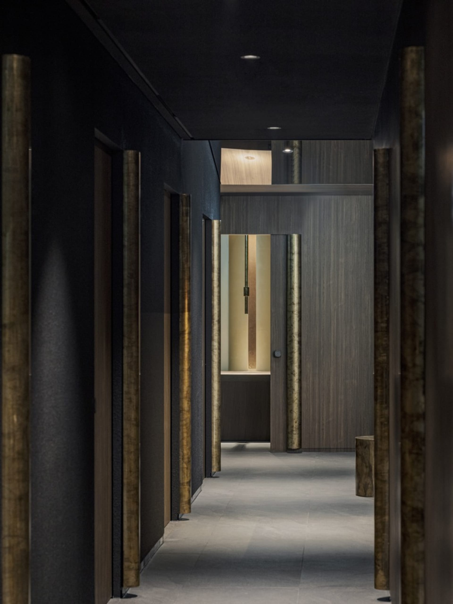 Modern interior design featuring dark walls and wooden columns in a hallway.