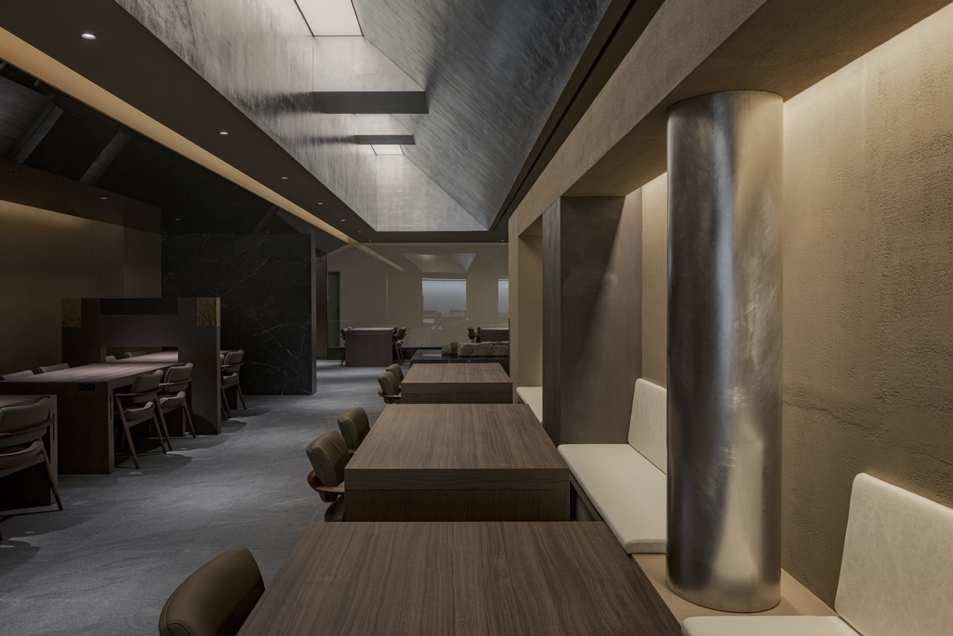 Modern interior restaurant with wooden furniture and concrete walls