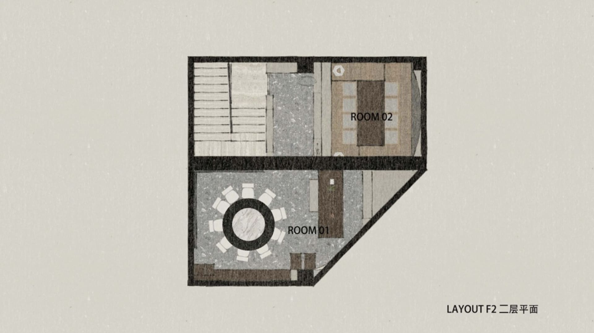 A detailed floor plan of a modern house showing two rooms labeled Room 01 and Room 02.