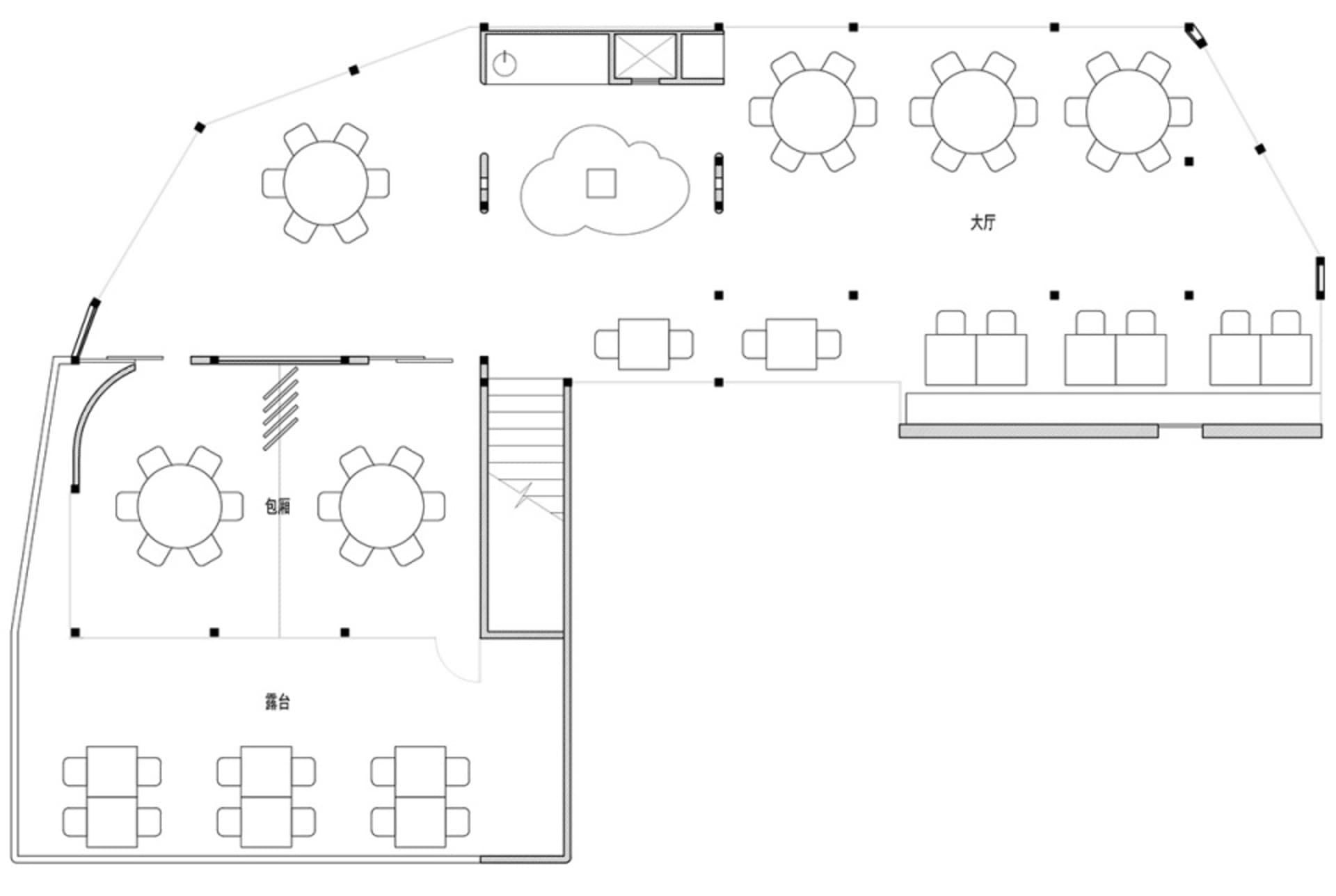 餐廳平面圖的黑白建築圖稿。