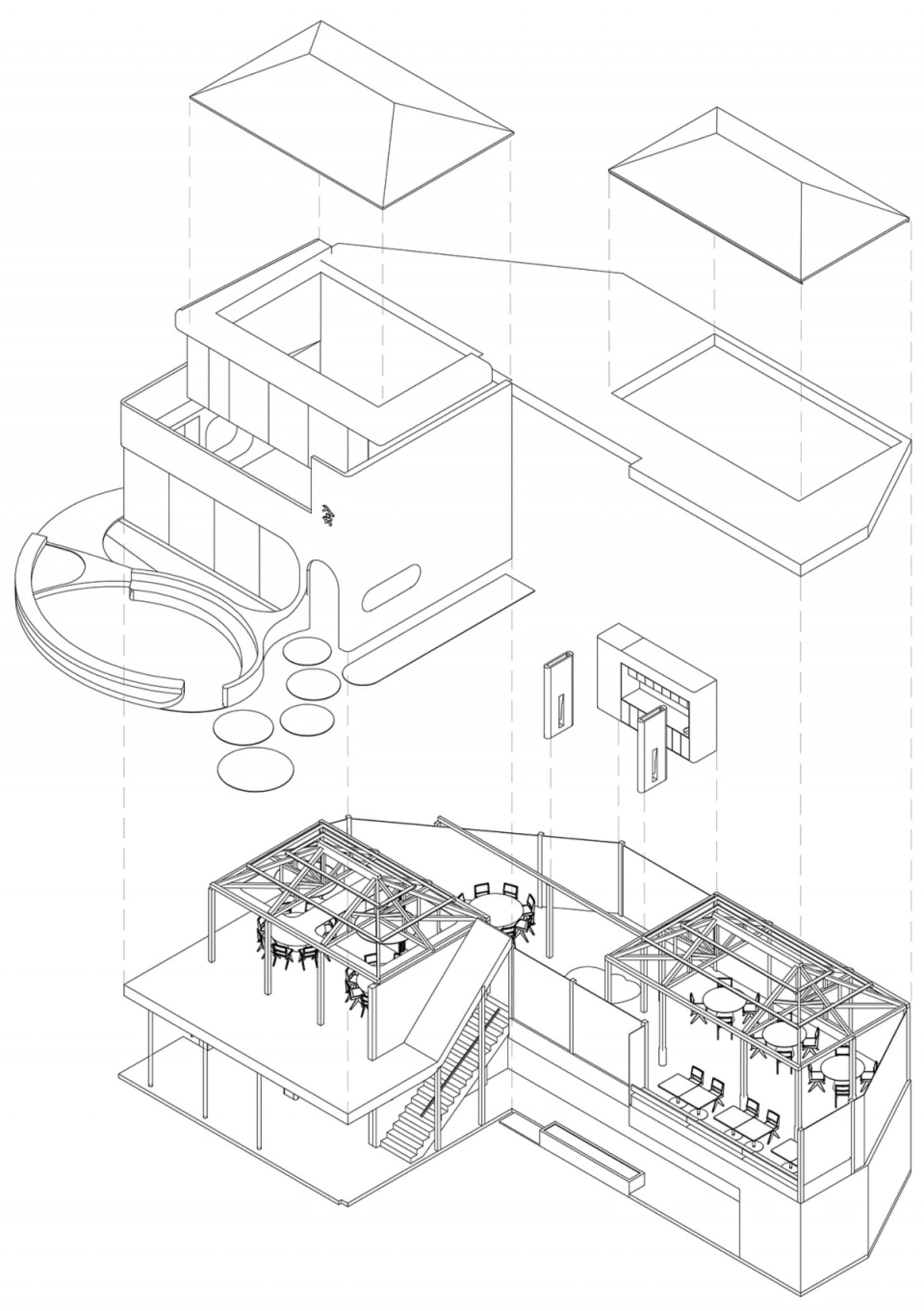 Modern commercial building interior with steel construction, wooden furniture, and open-plan layout.