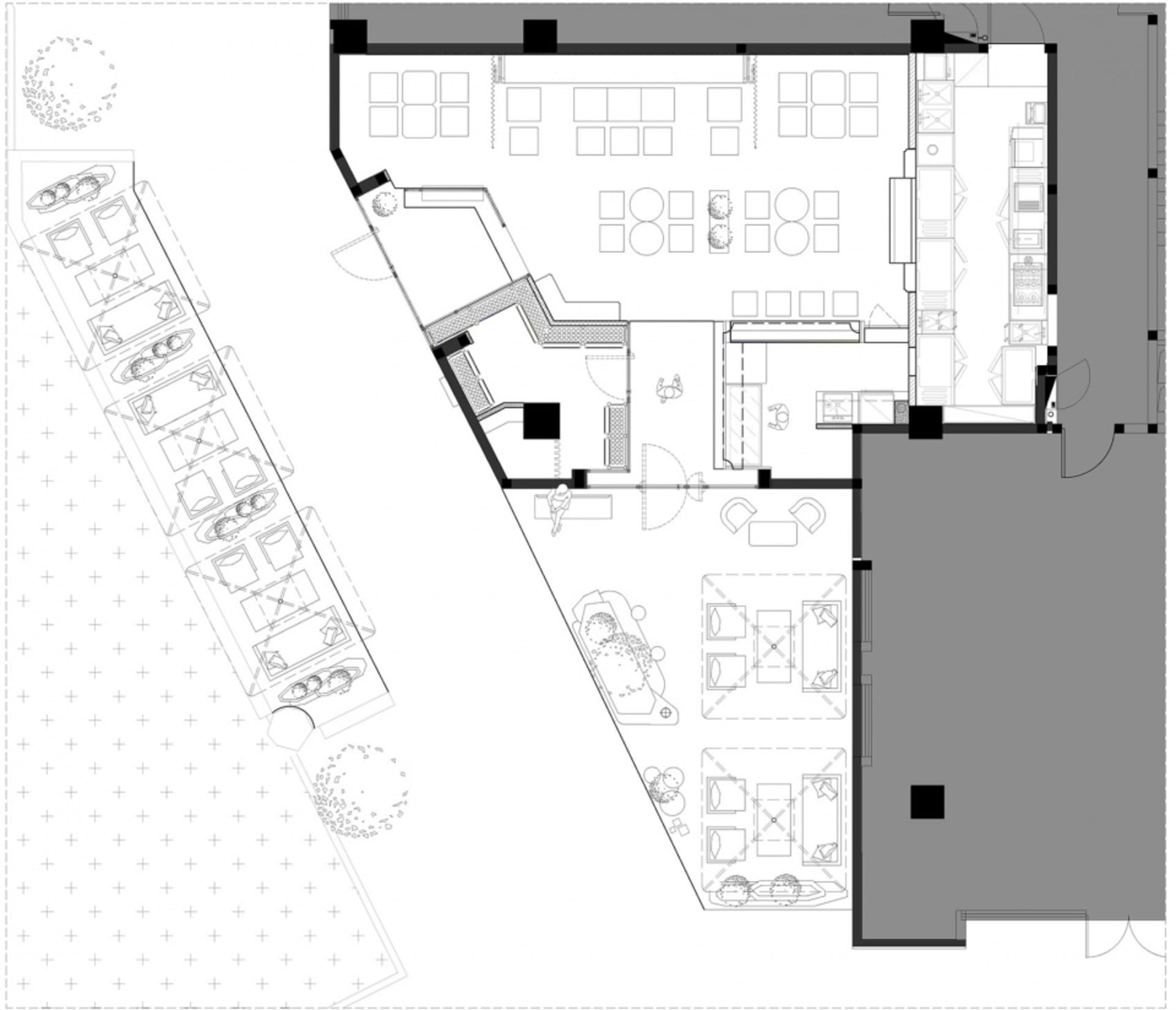 餐廳室內配置的黑白建築圖面。