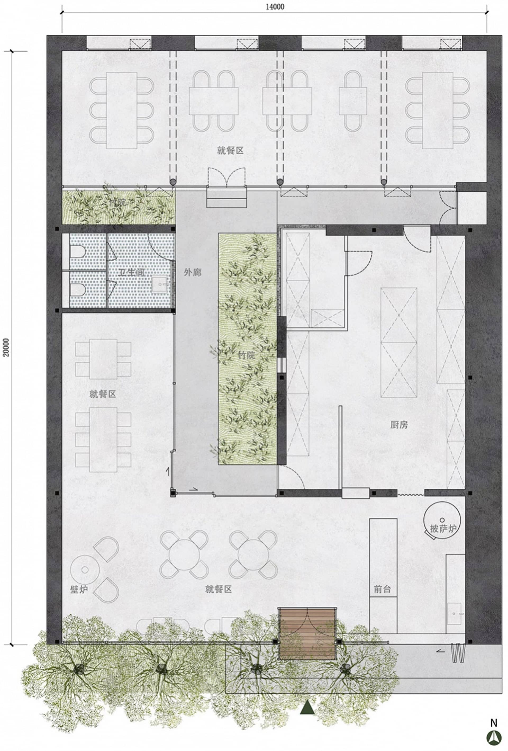 Neutral-toned layout of a restaurant interior, including dining areas, kitchen, and restrooms.