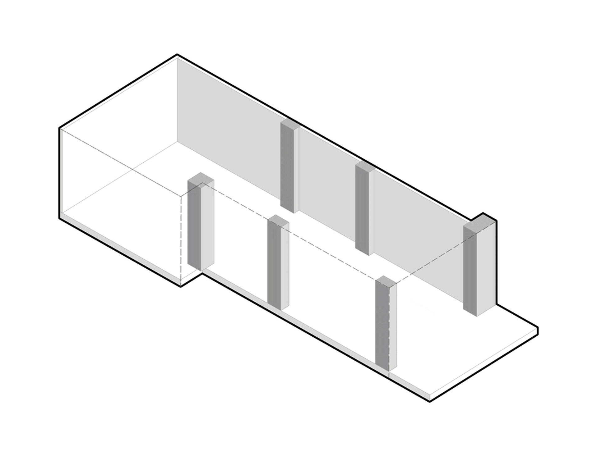 An isometric view of a modern office space featuring exposed concrete columns on the floor plan.