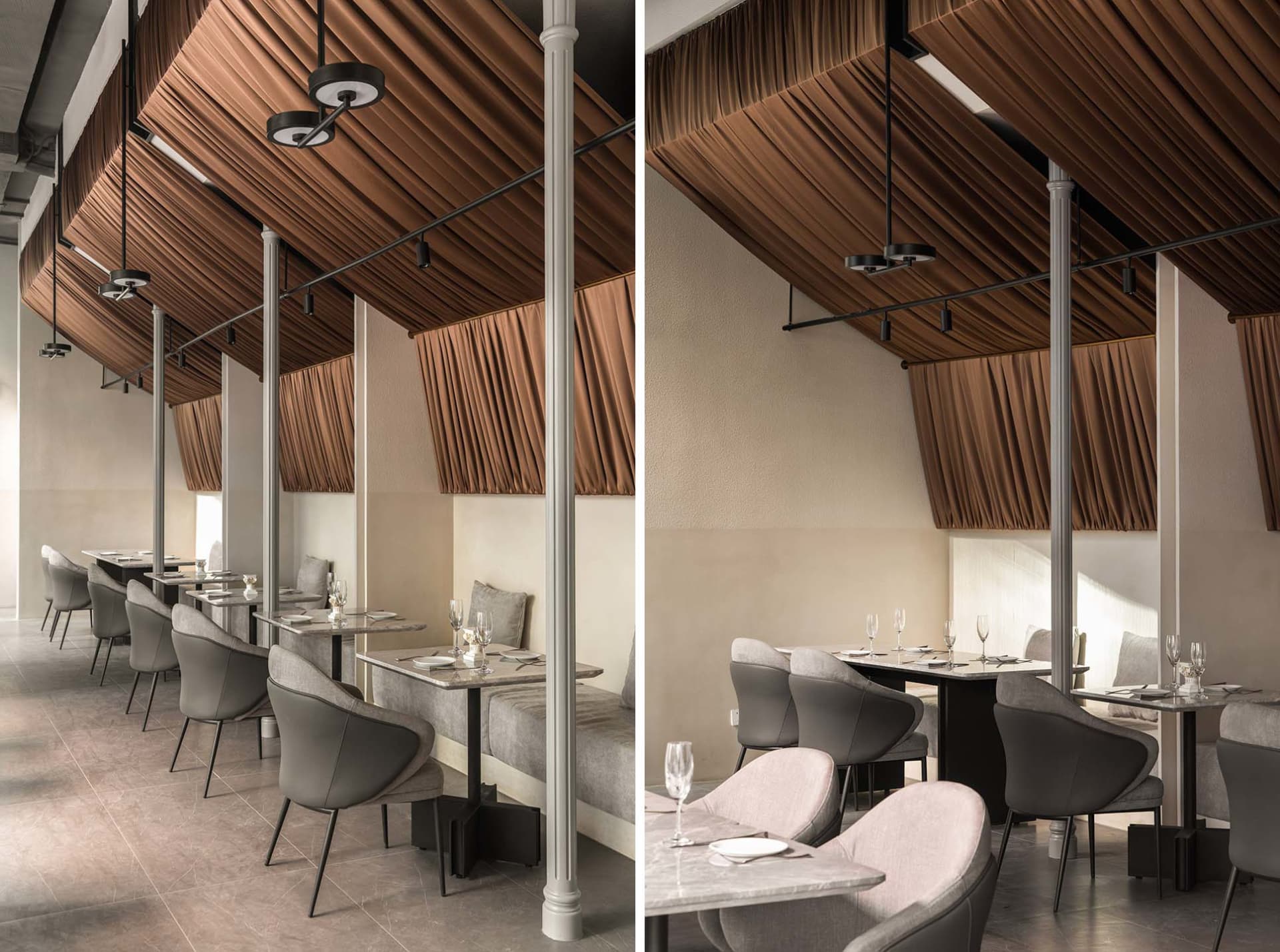 Modern, minimalist restaurant interior with concrete, glass, and wooden elements.