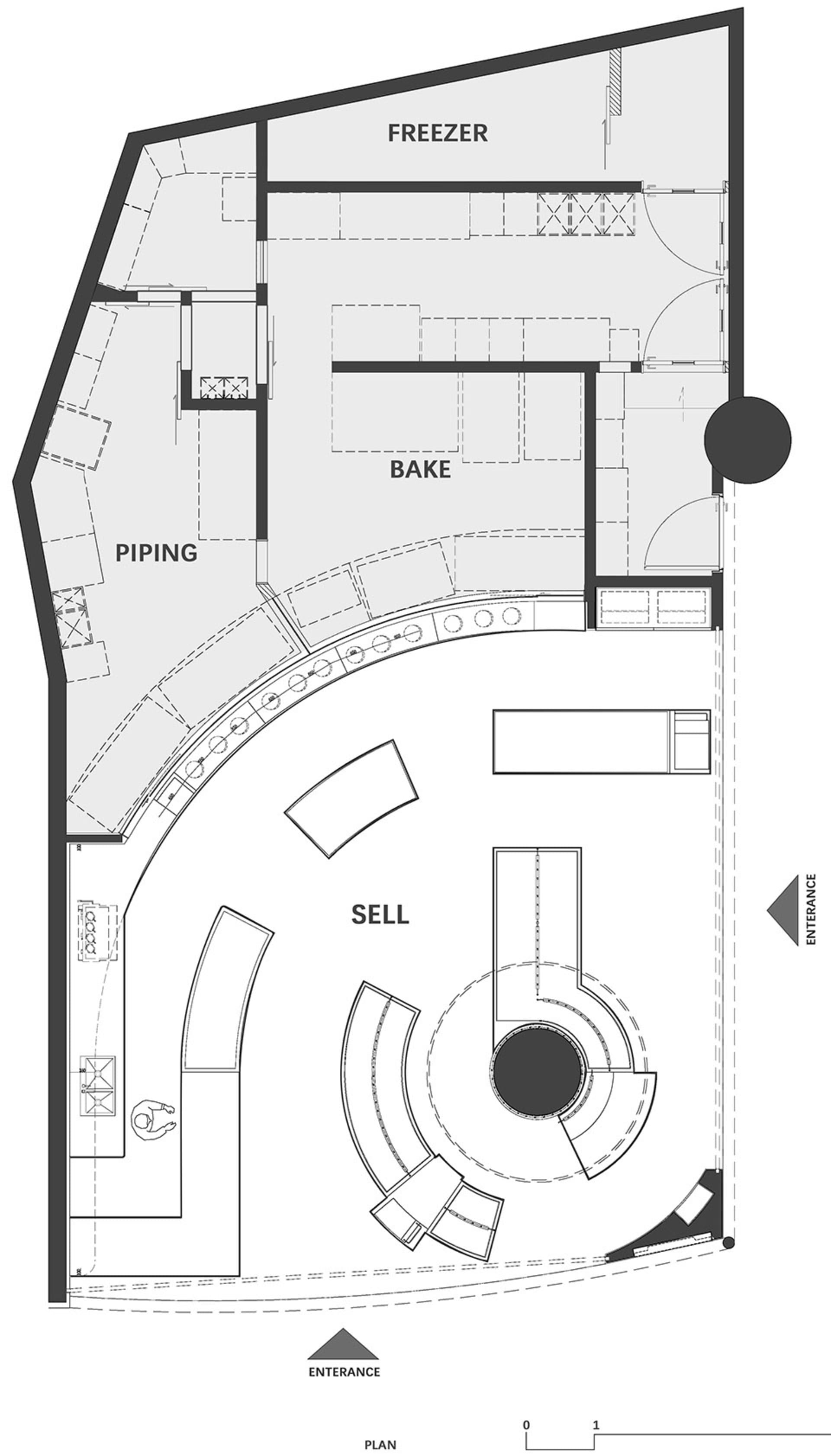 Floor plan of a commercial space with labeled sections for freezer, piping, bake, and sell.