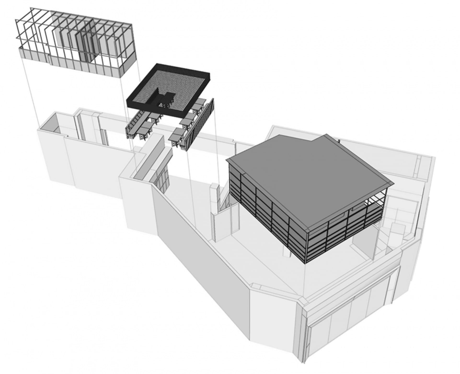 現代住宅增建的3D建築渲染圖，展現金屬、玻璃與混凝土材質。