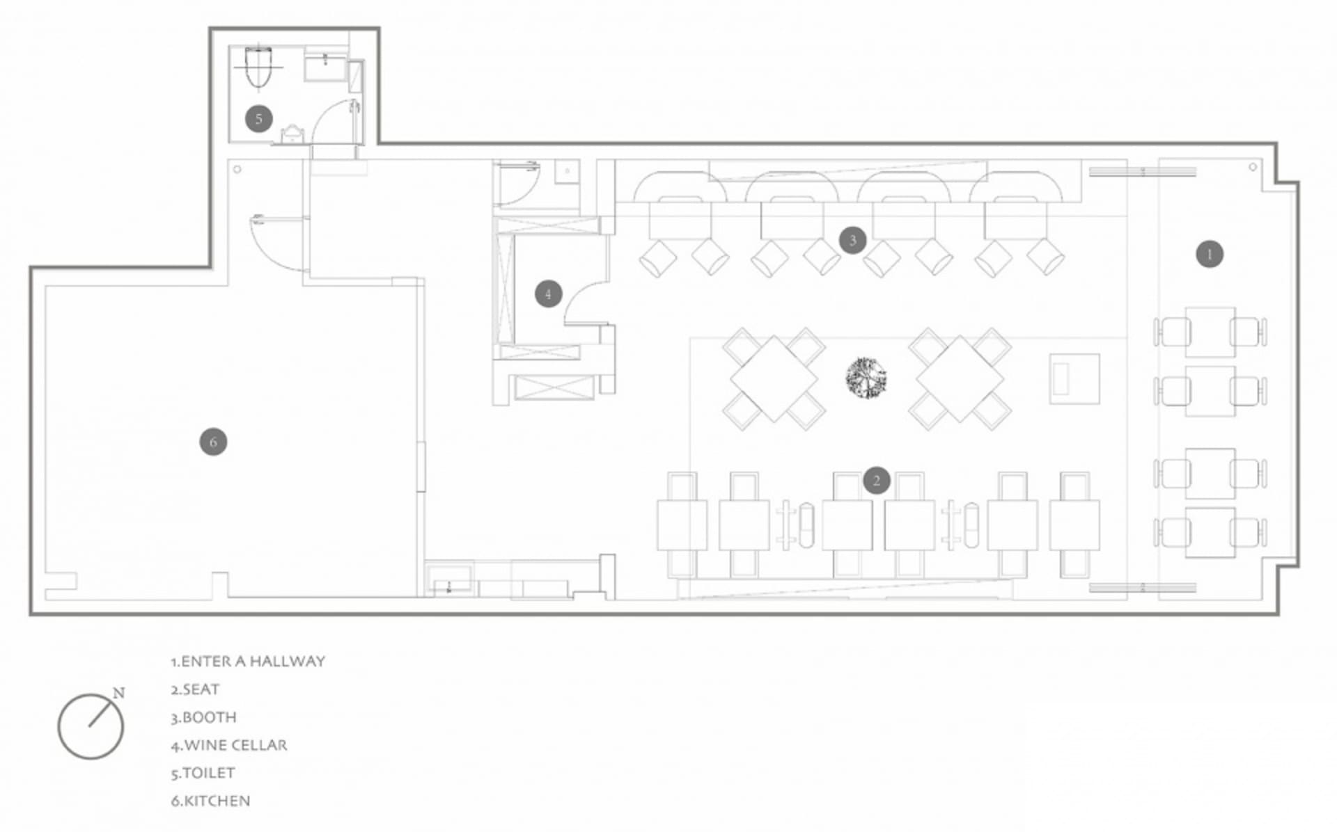 餐廳平面圖的2D建築繪圖,採用中性色系材料並劃分功能區域。