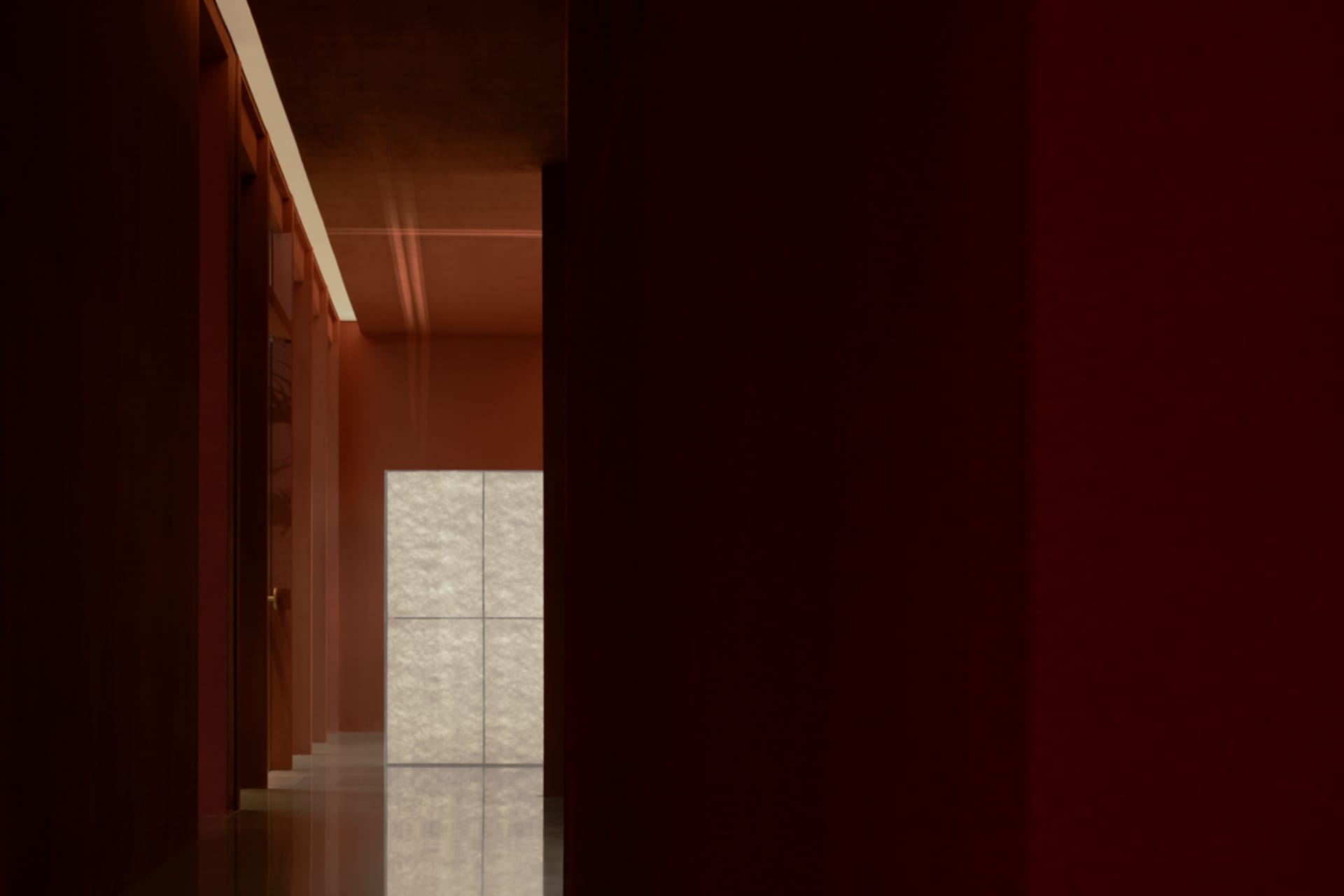 A minimalist corridor with red paneling walls and a glass door.