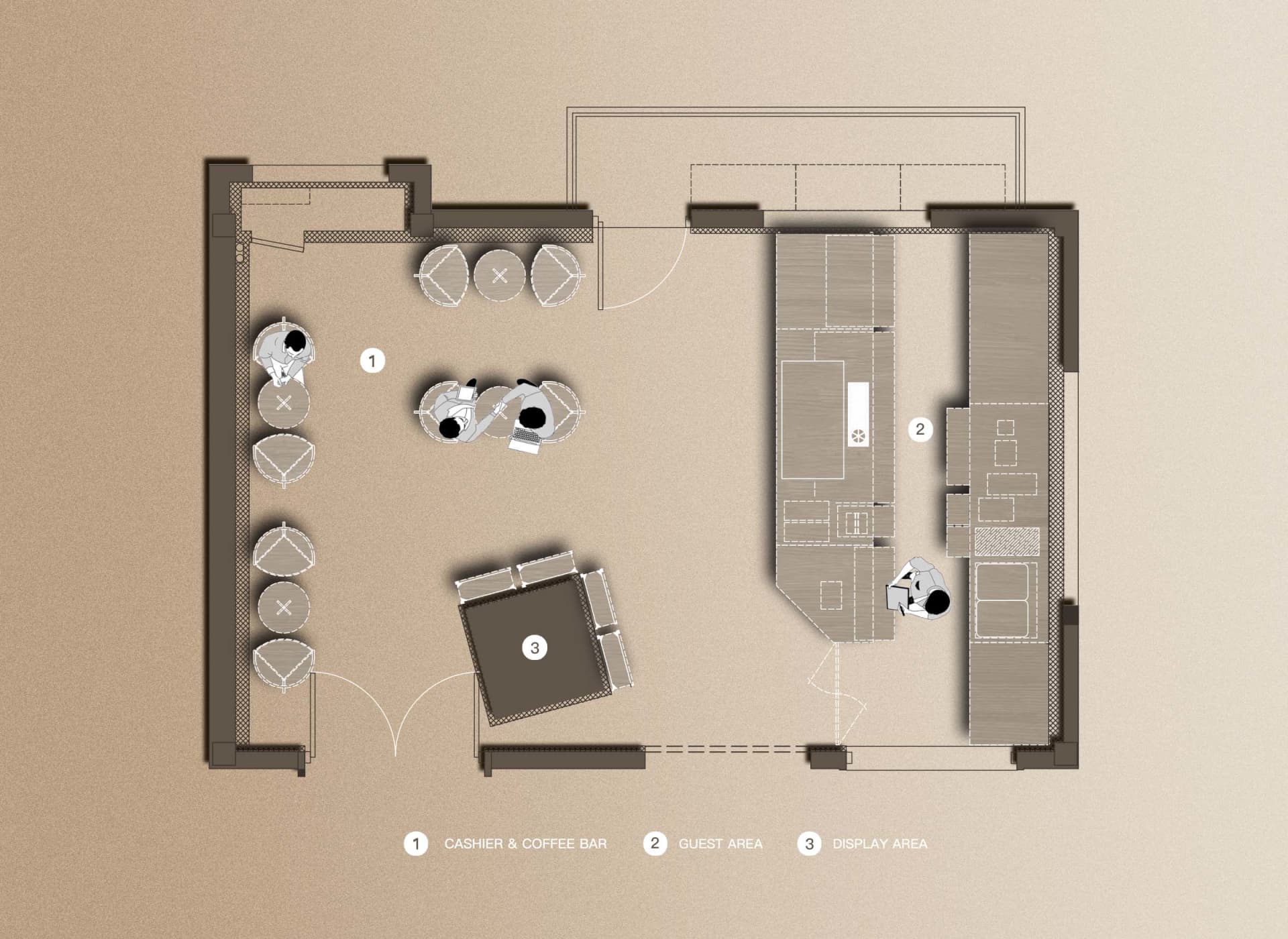 Retail storefront layout with a wooden floor plan, featuring a cashier and coffee bar, a guest area, and a display area.