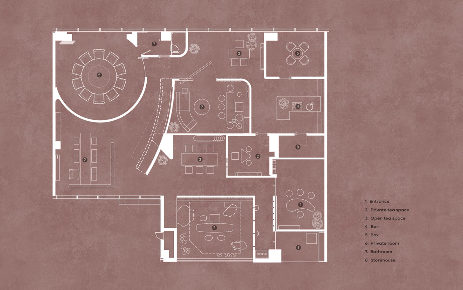 Floor plan of a modern tea shop with various seating areas, a bar, private rooms, and a storage area.