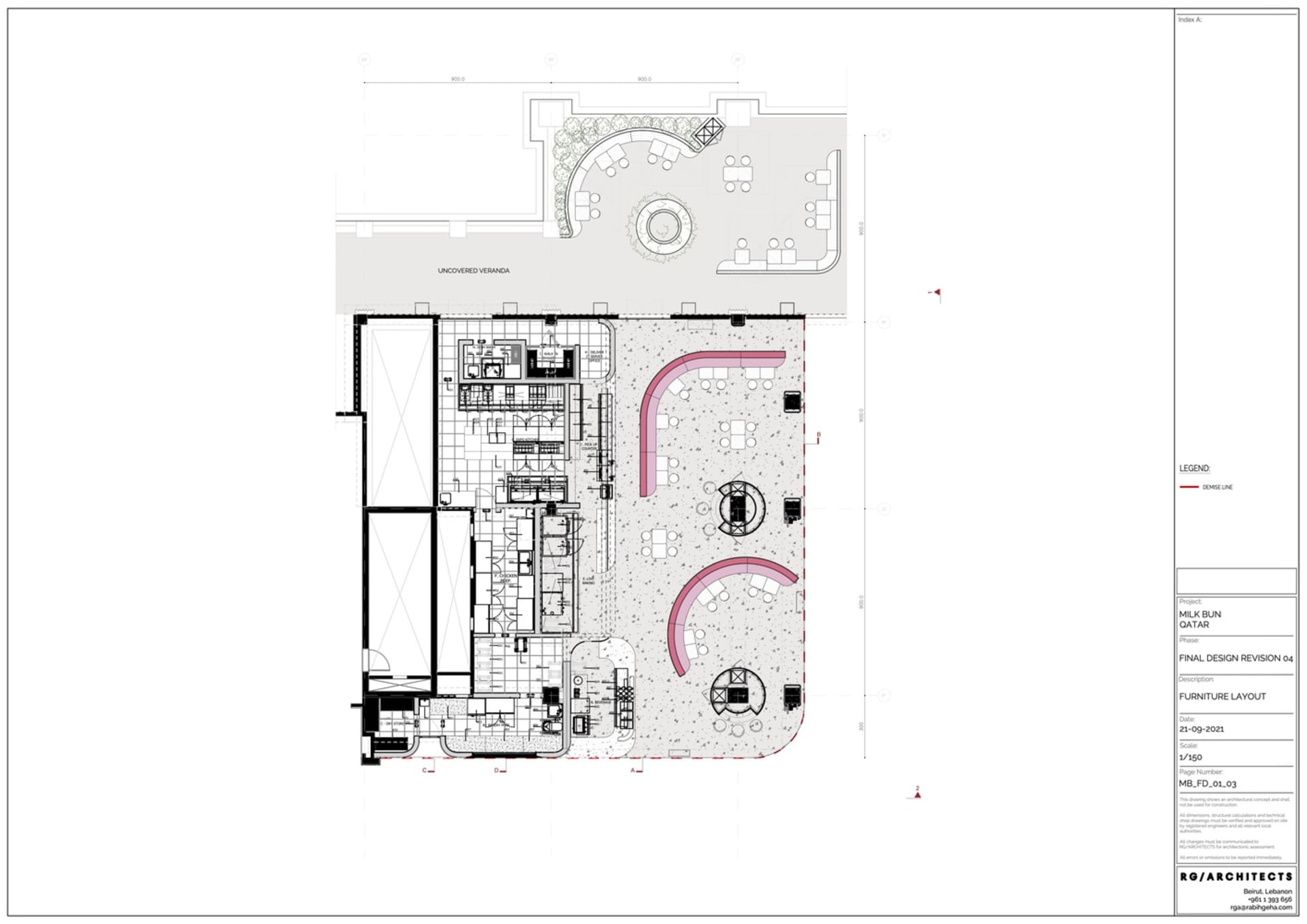 餐廳室內詳細建築平面圖，展示混凝土地板搭配圖紋瓷磚，以及家具配置