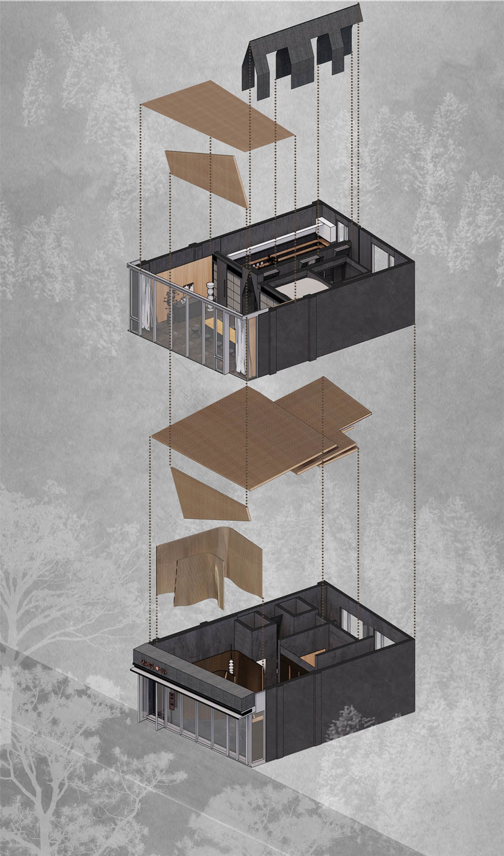 An architectural blueprint showcasing a modern beach house design with wooden and glass materials.