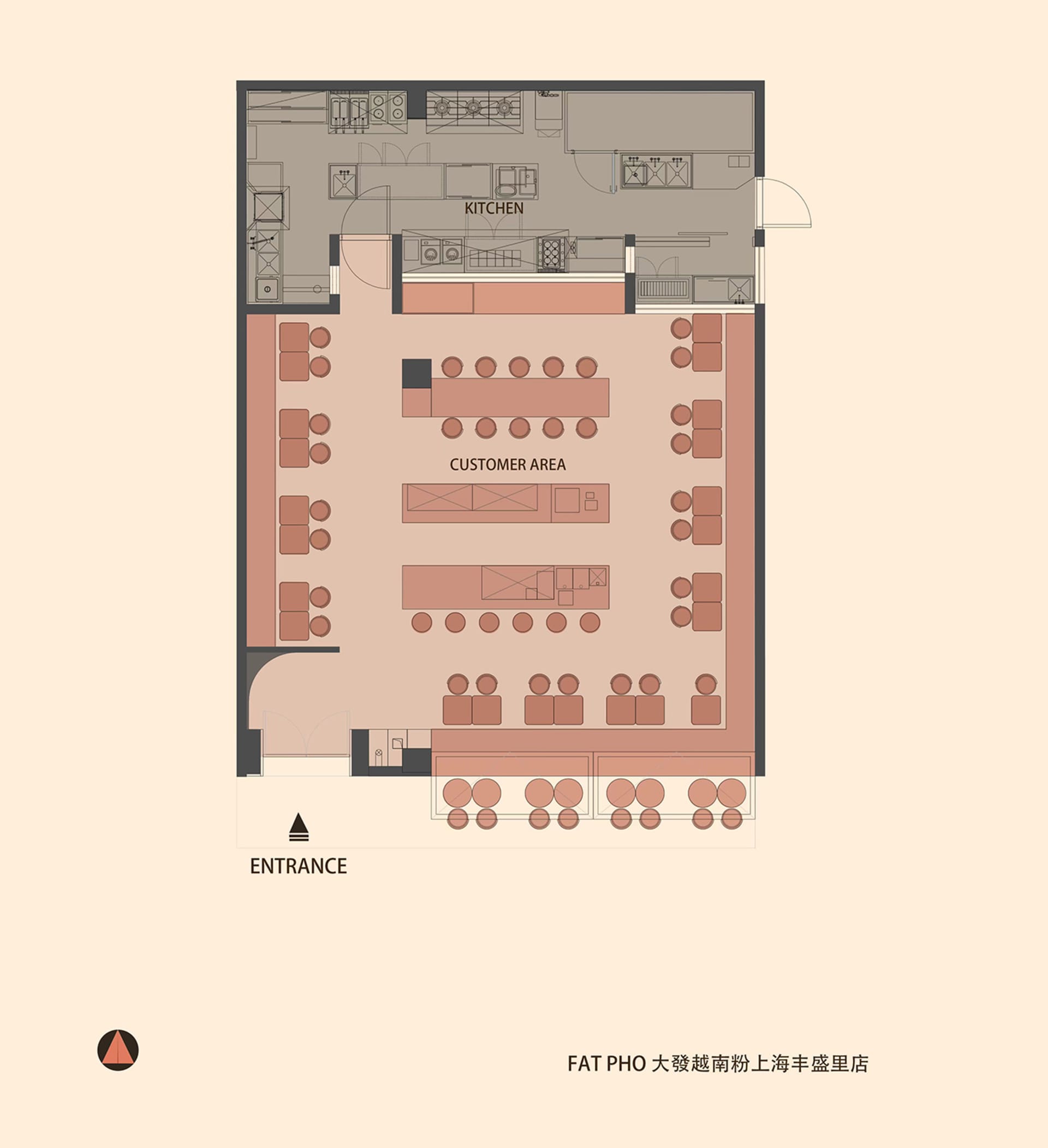 餐廳室內 2D 建築渲染圖,展示地板平面圖、廚房區域及座位安排。
