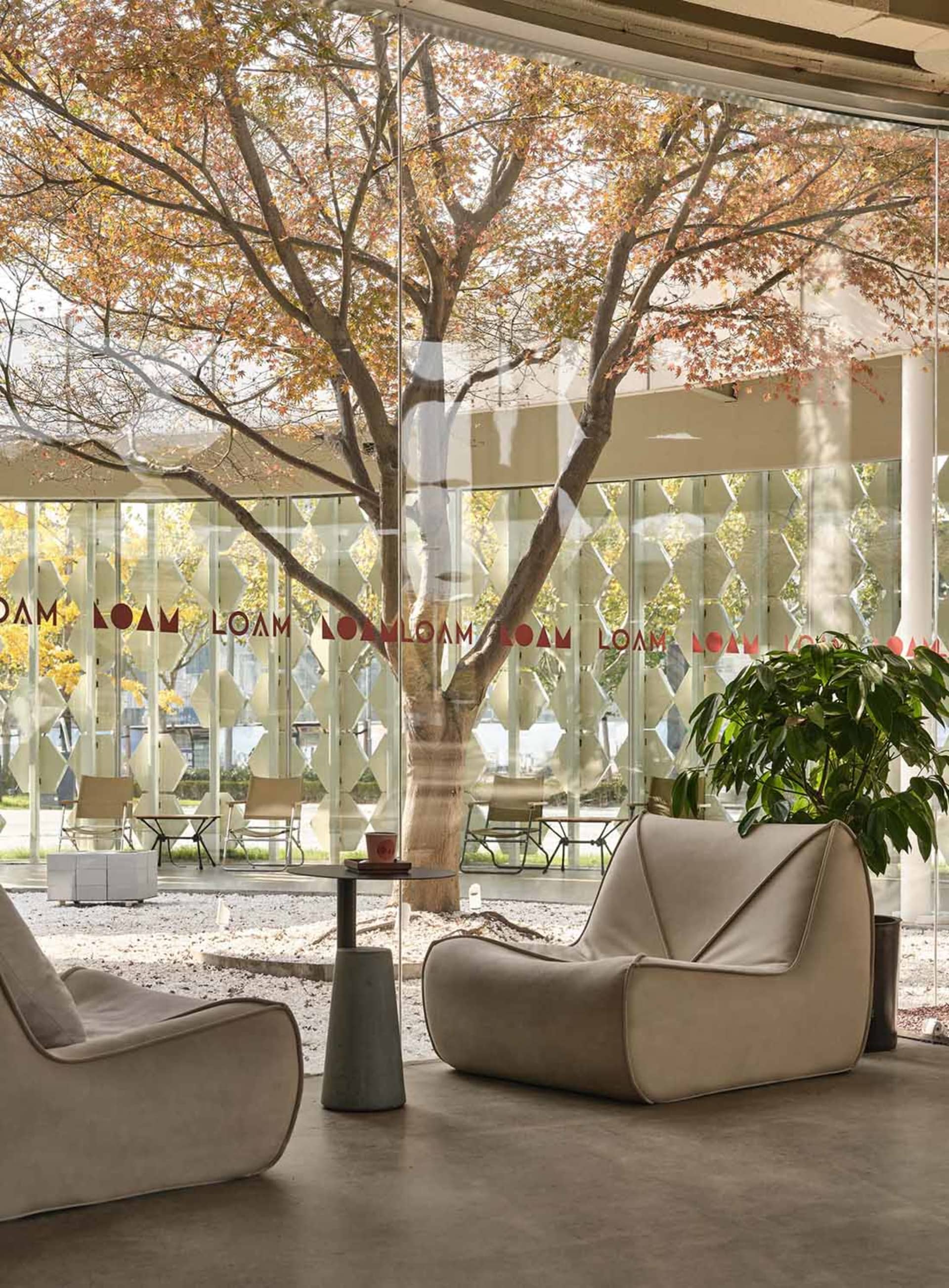 A modern lobby area with glass walls and furniture, featuring a relaxing seating area with comfortable sofas and a small tabl