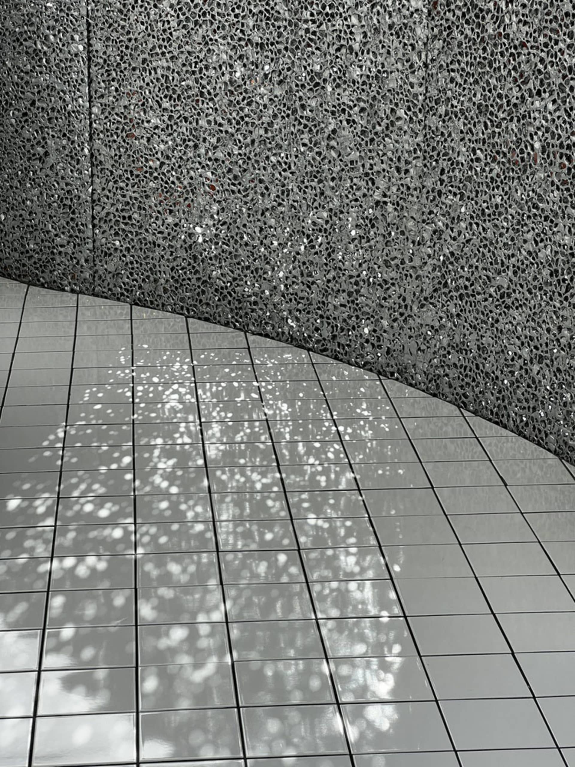 Grey ceramic floor tiles intersected by shadows from trees, against a textured wall.