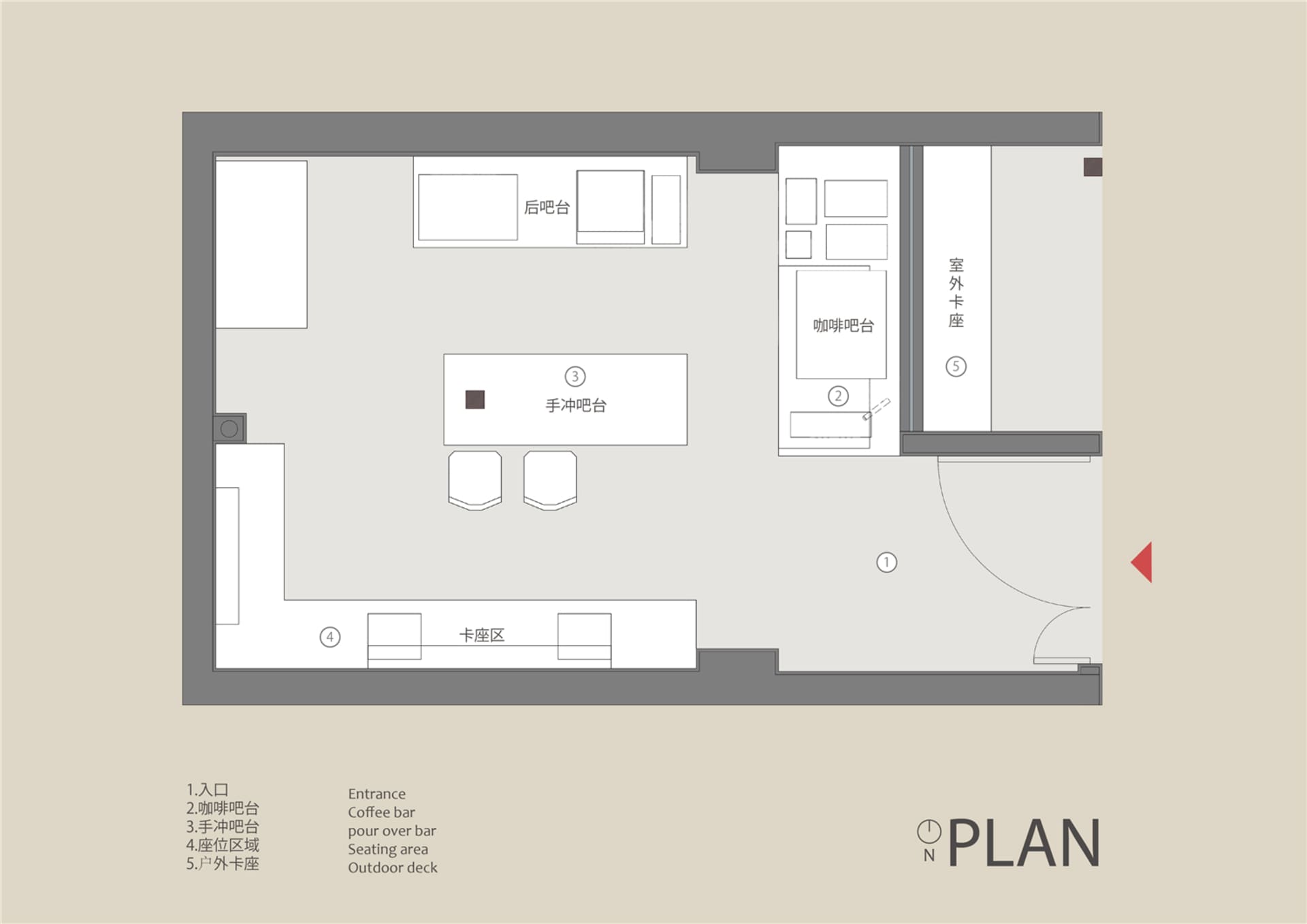 Floor plan of a coffee shop with various functional zones.