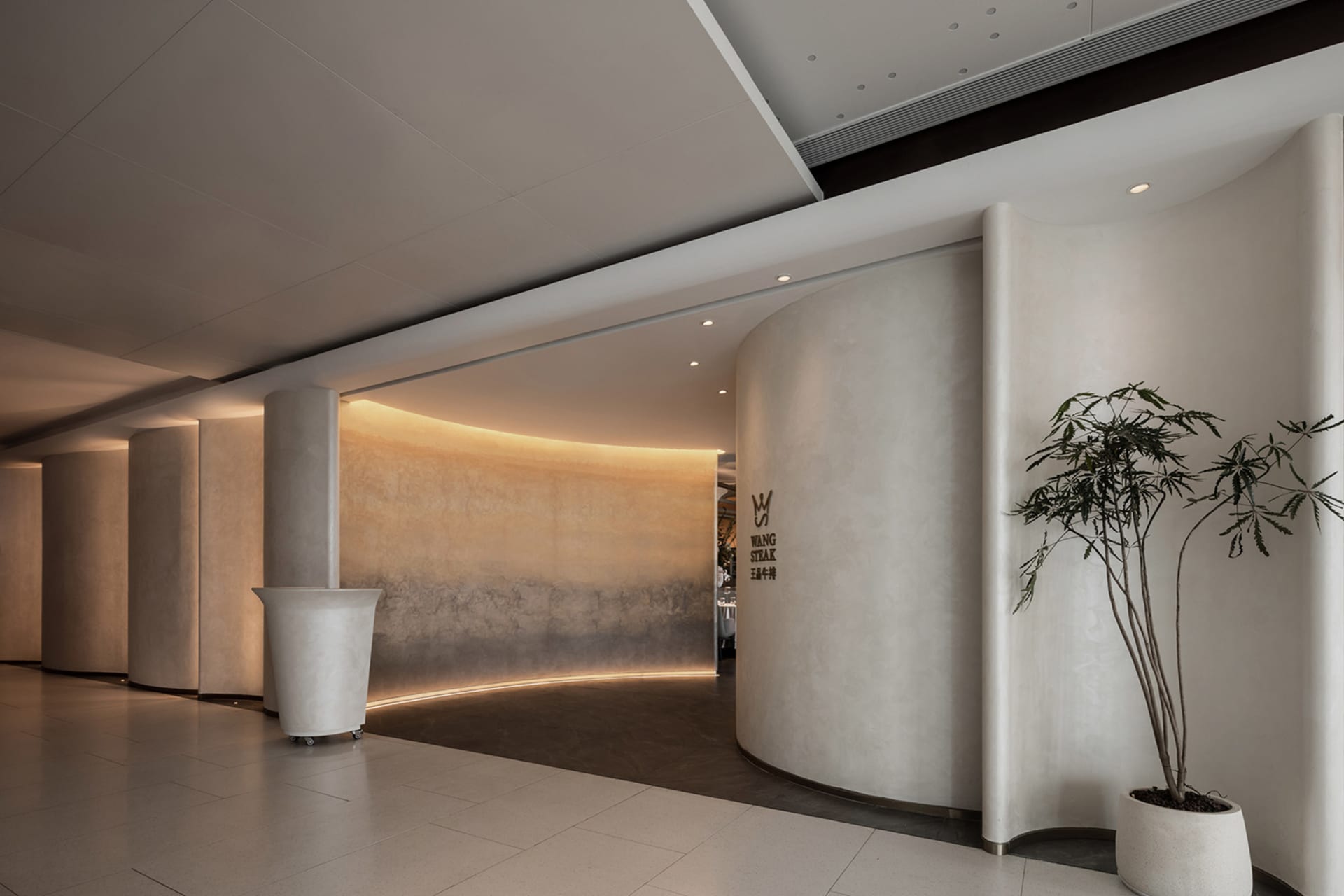 Modern, minimalist entryway featuring curved, concrete pillars with warm, ambient lighting.
