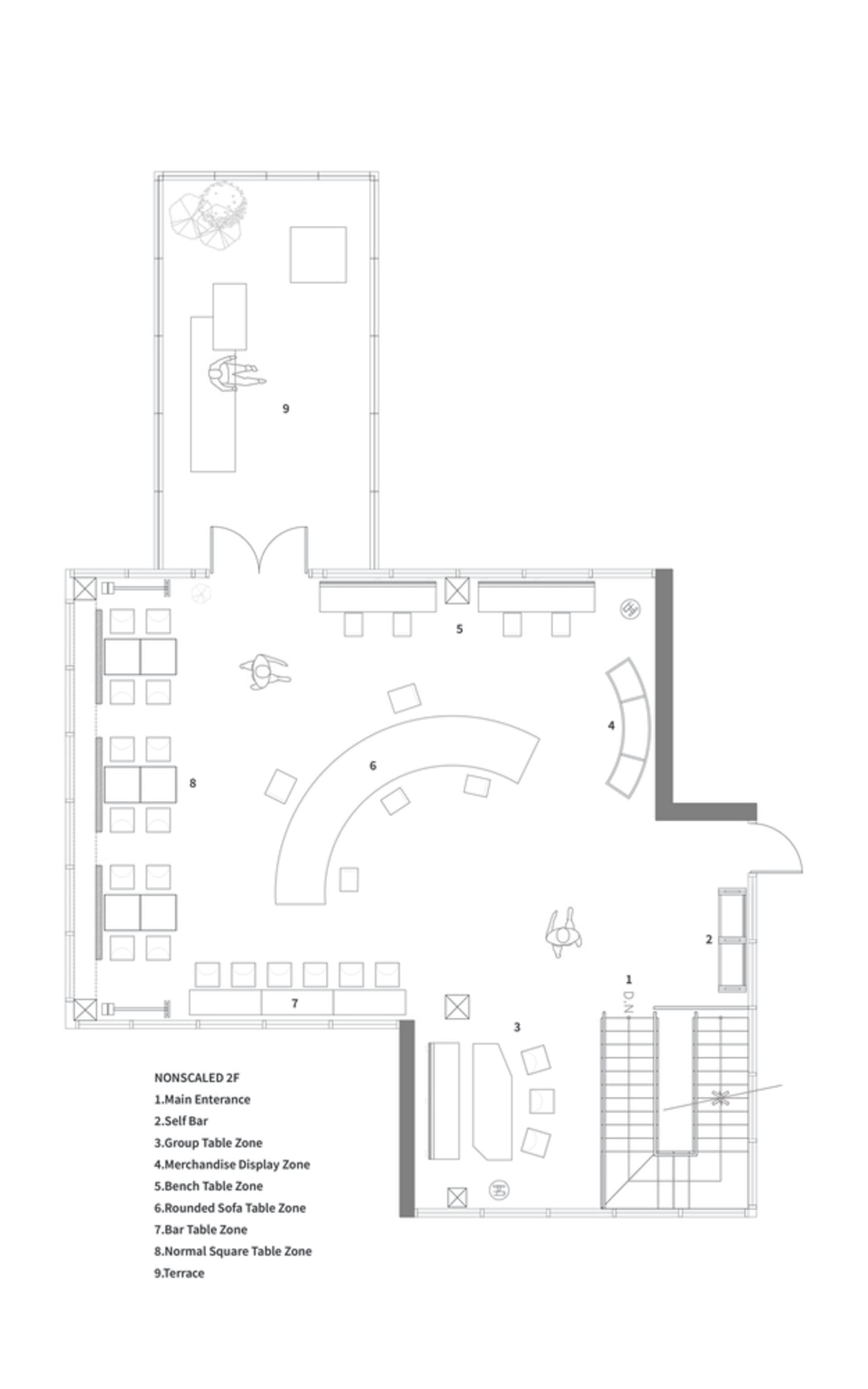 一張細膩精確、非比例尺的2D技術建築圖，展示餐廳室內空間的家具配置