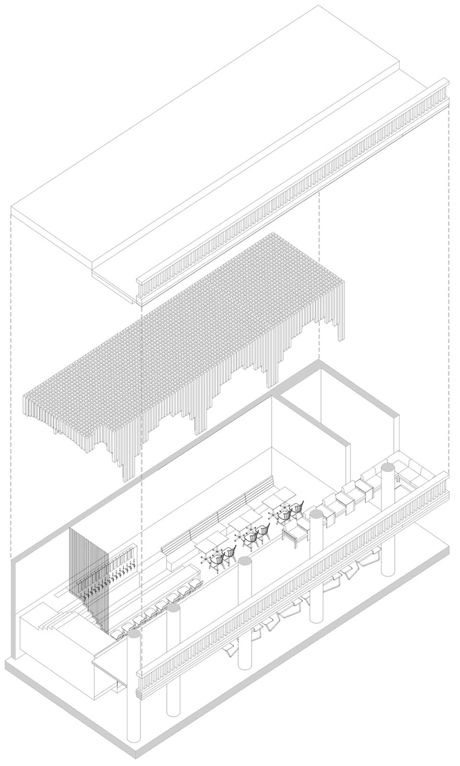 Isometric view of a modern bistro interior with sleek wooden tables, metal chairs, and glass partitions.