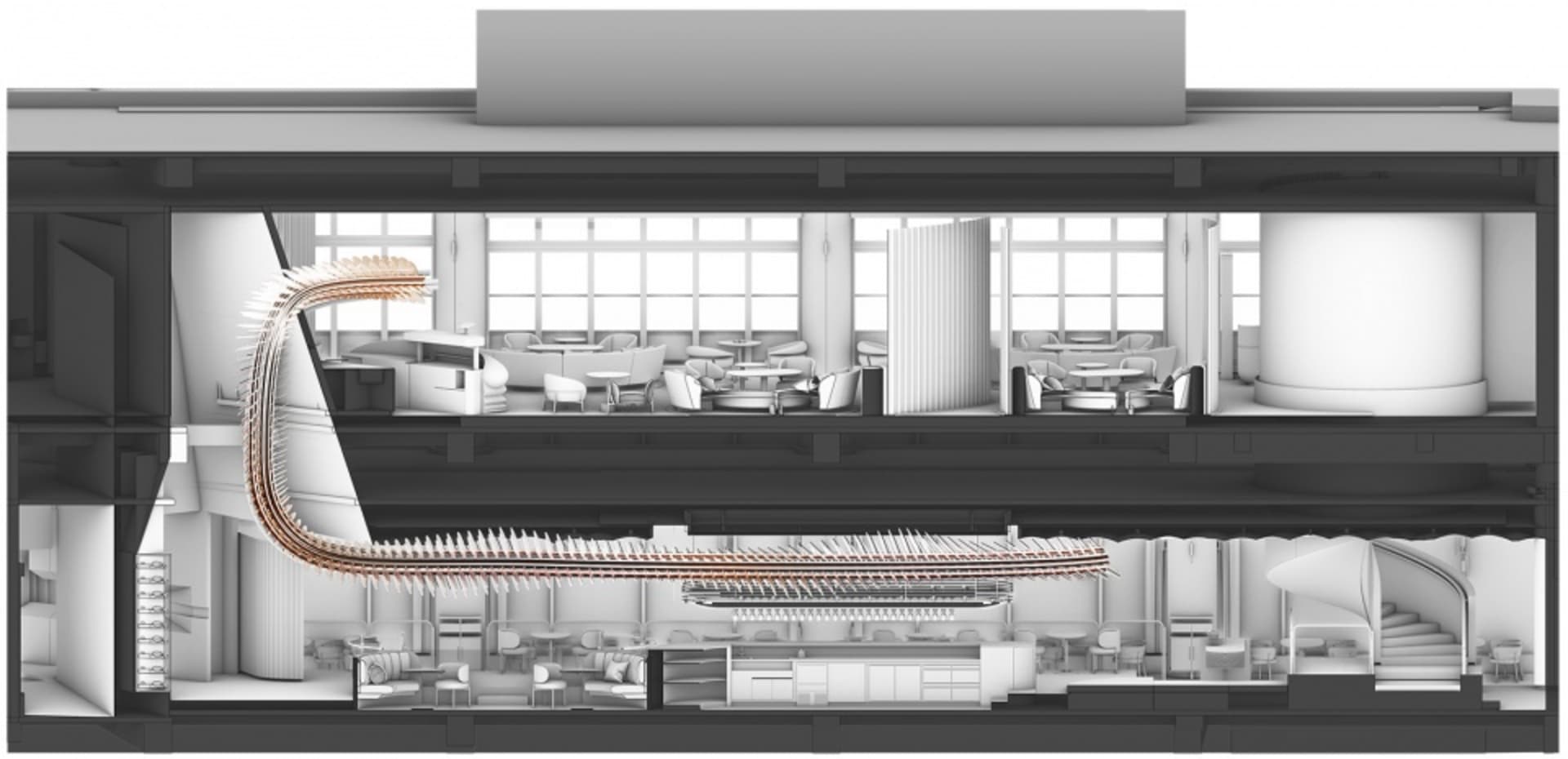Cross-sectional view of a modern restaurant interior featuring metallic finishes and a curved architectural element.