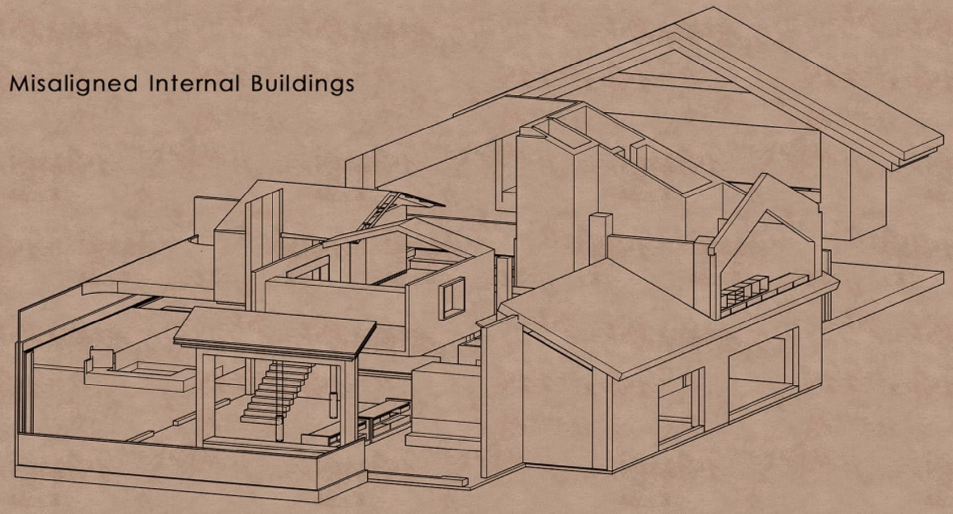 Cross-sectional diagram of misaligned residential buildings, showing structural inconsistencies and spatial disarray.