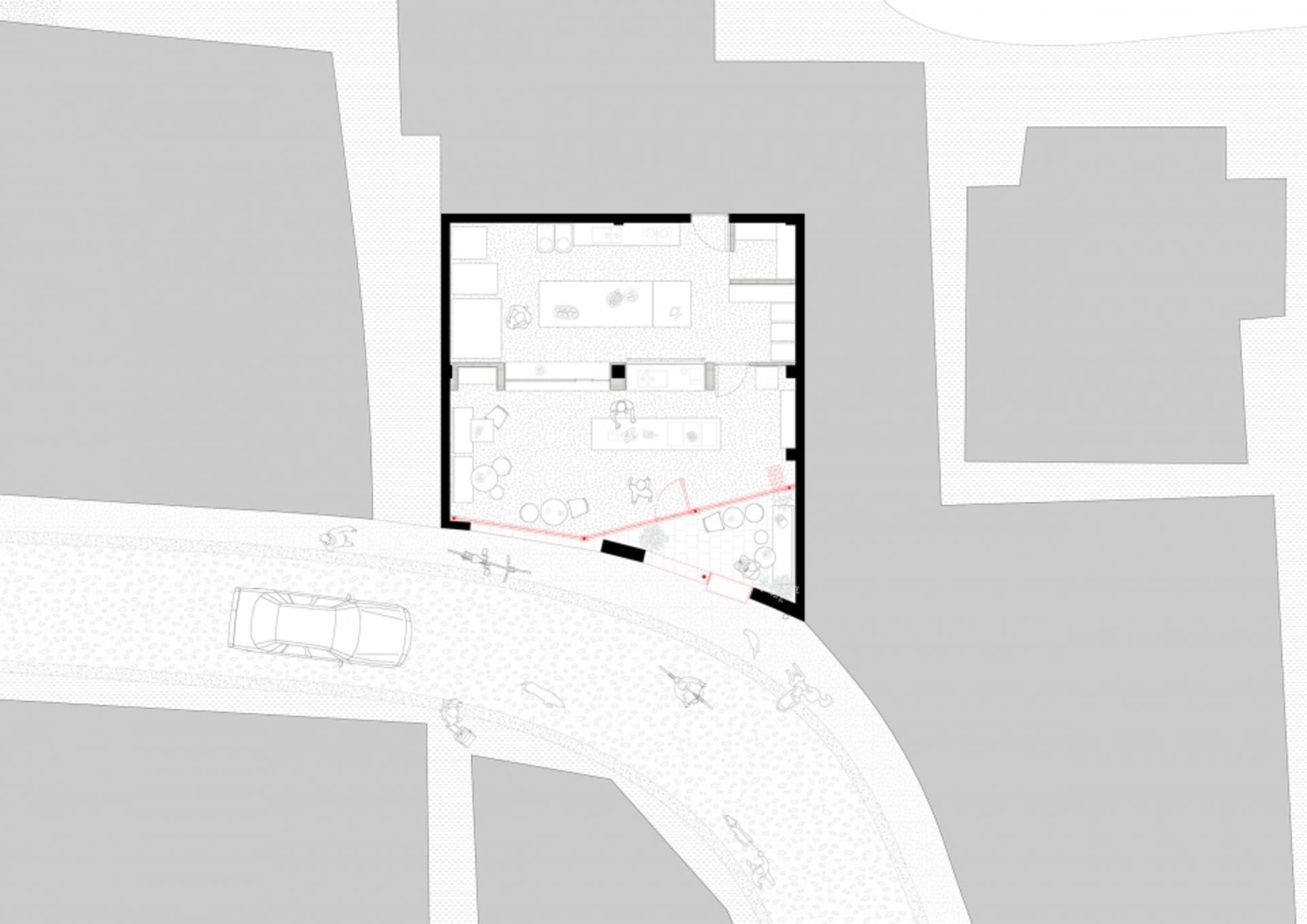 Modern, minimalist architectural floor plan of a commercial culinary space.