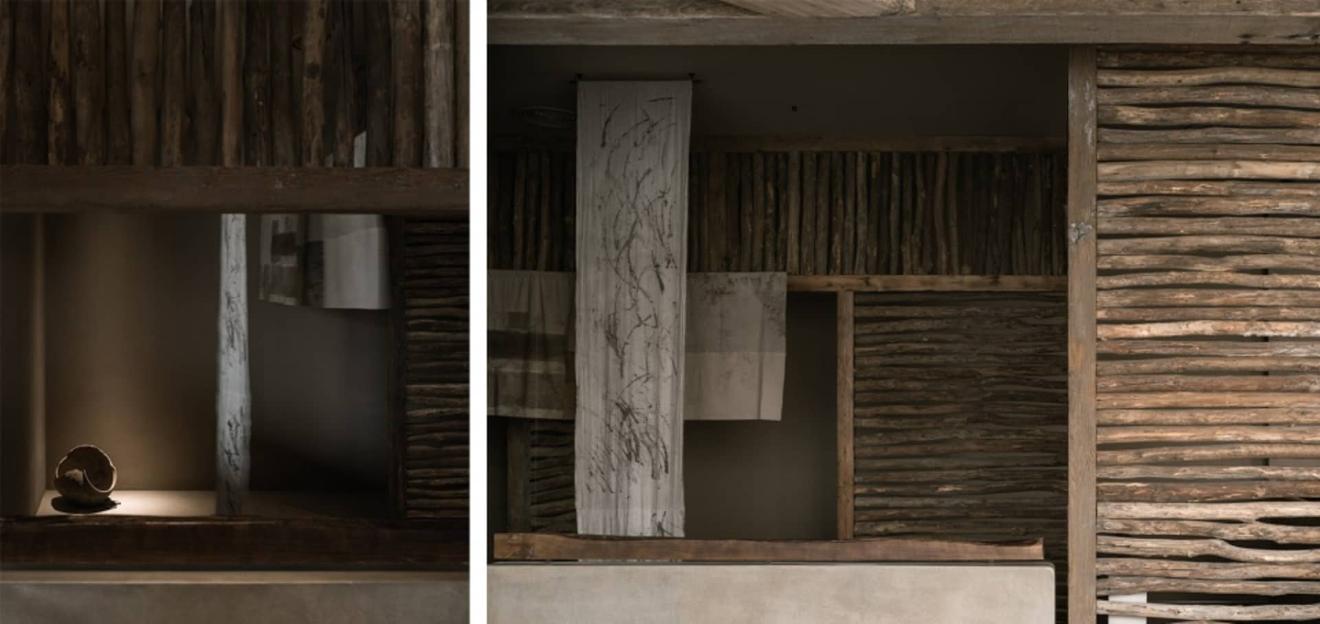 Concrete and wooden architectural design features in an industrial-style interior space.