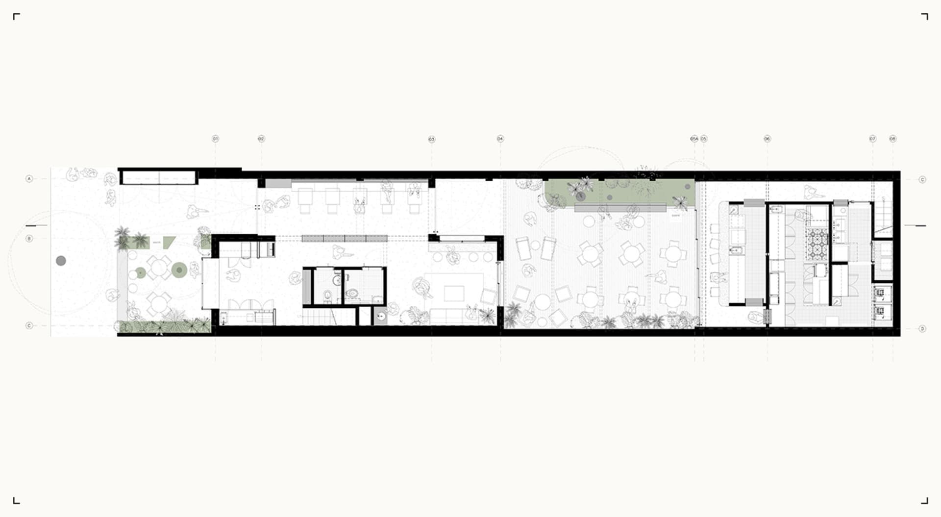 Minimalist living room layout with furniture and plants.
