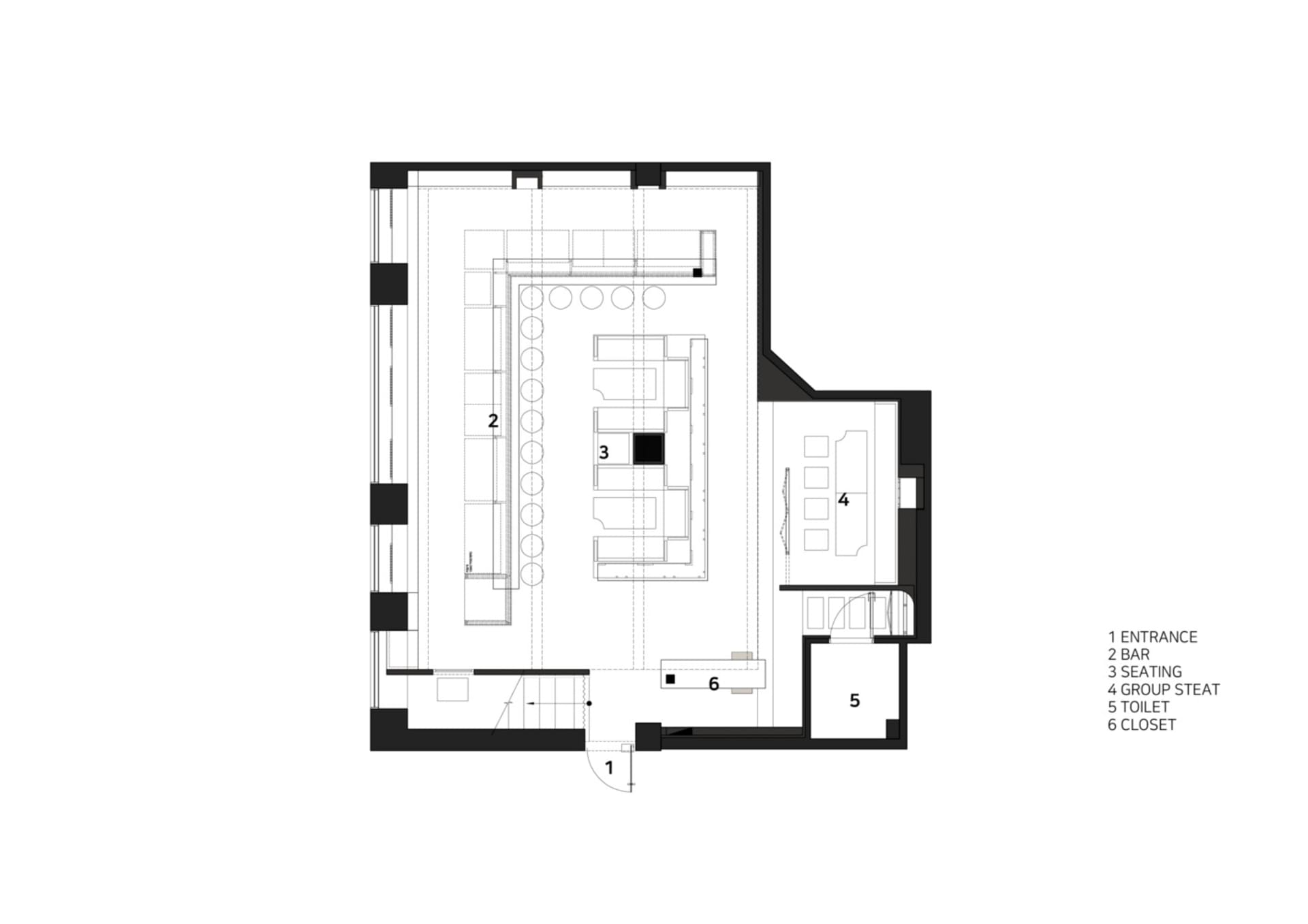 Floor plan of a modern office layout with clear zones, open seating, and a central work area.