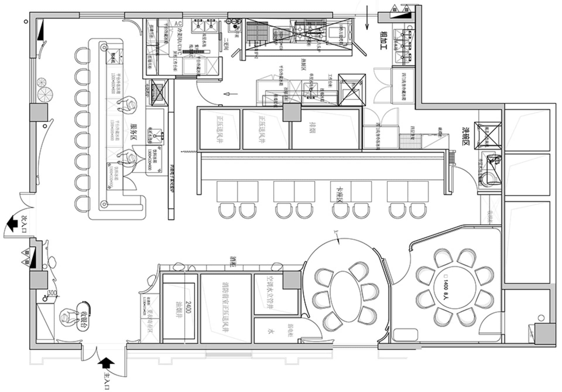 Black and white floor plan of a restaurant food court showing seating arrangements, food stations, and kitchen areas.