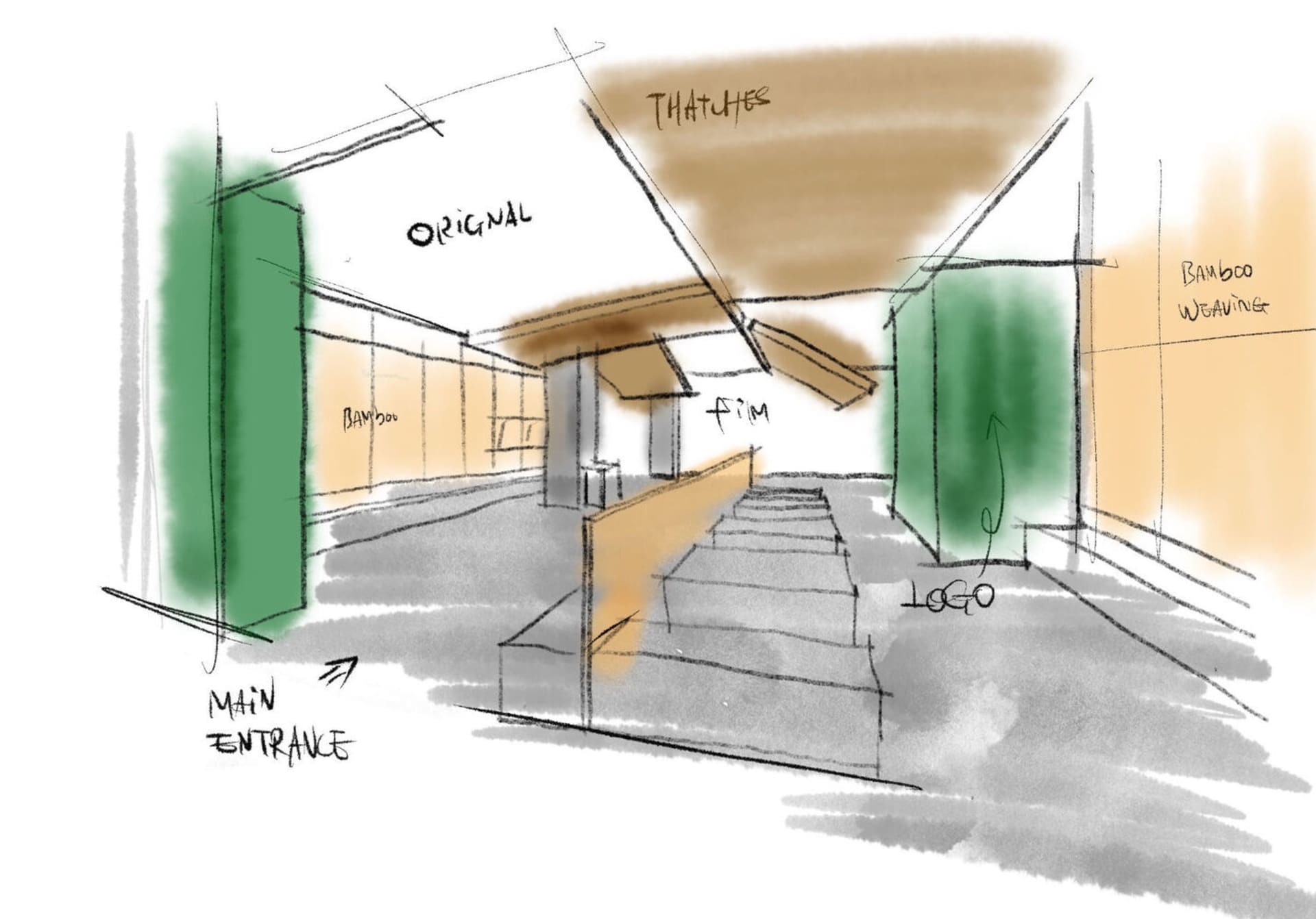 A modern commercial interior with bamboo elements