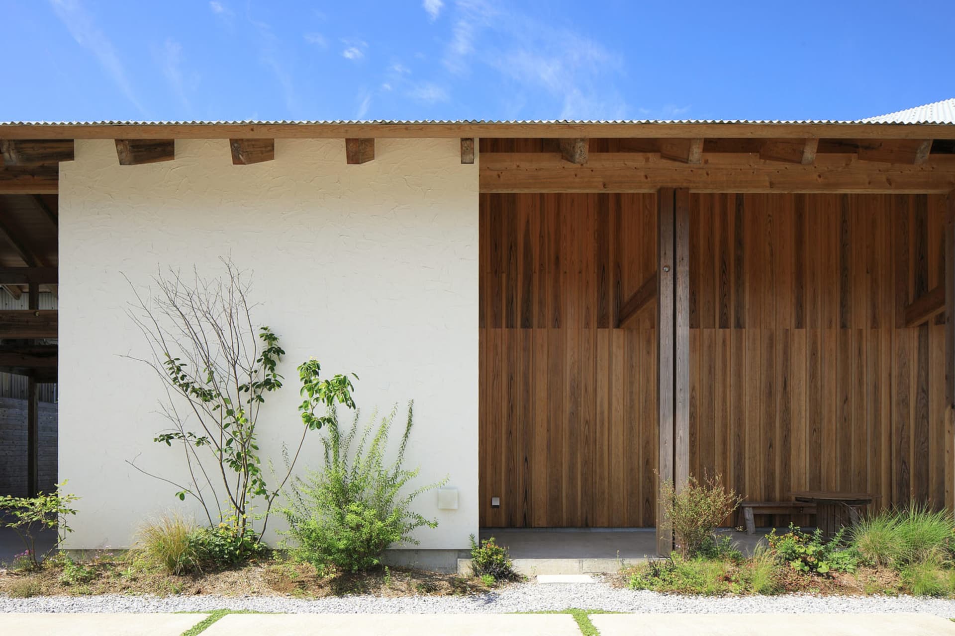 Modern, minimalist building exterior featuring a white concrete facade and wooden door.