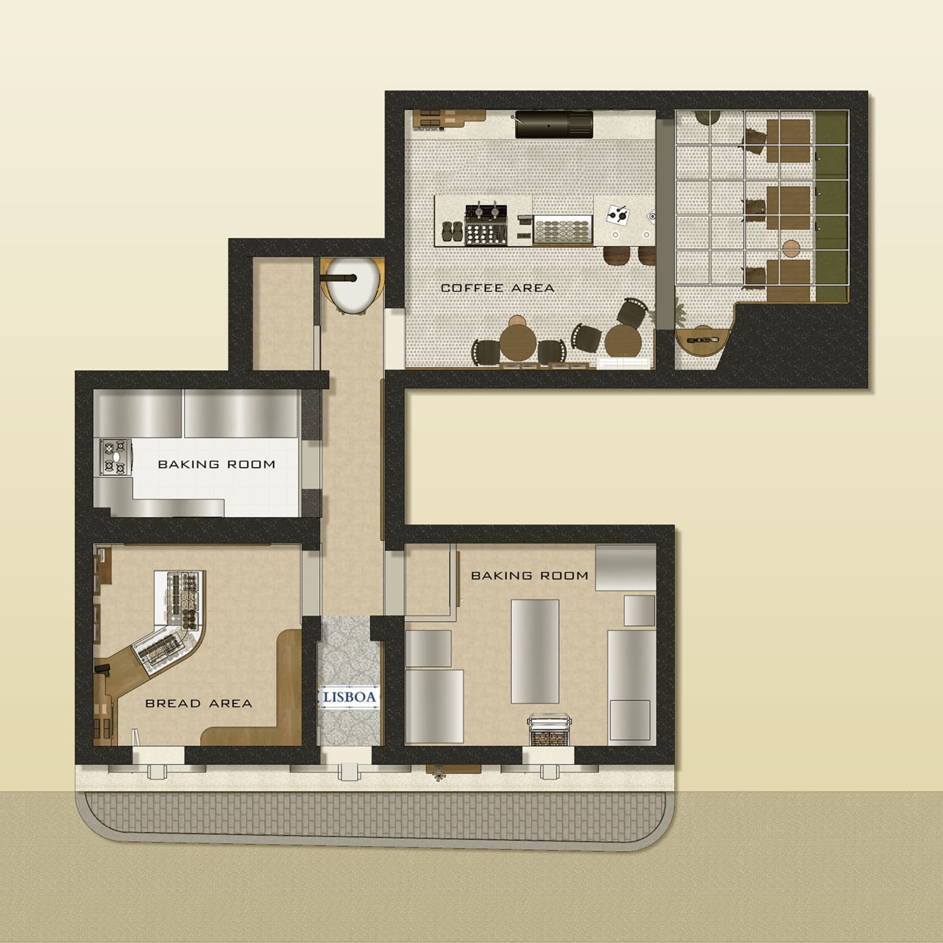 Floor plan of a modern food bakery interior with baking areas, coffee and bread serving areas, and a well-equipped kitchen.