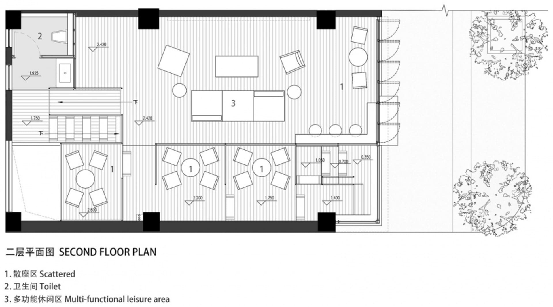 室內休閒放鬆區的詳細建築藍圖,展示散落式座椅、多功能休閒設施
