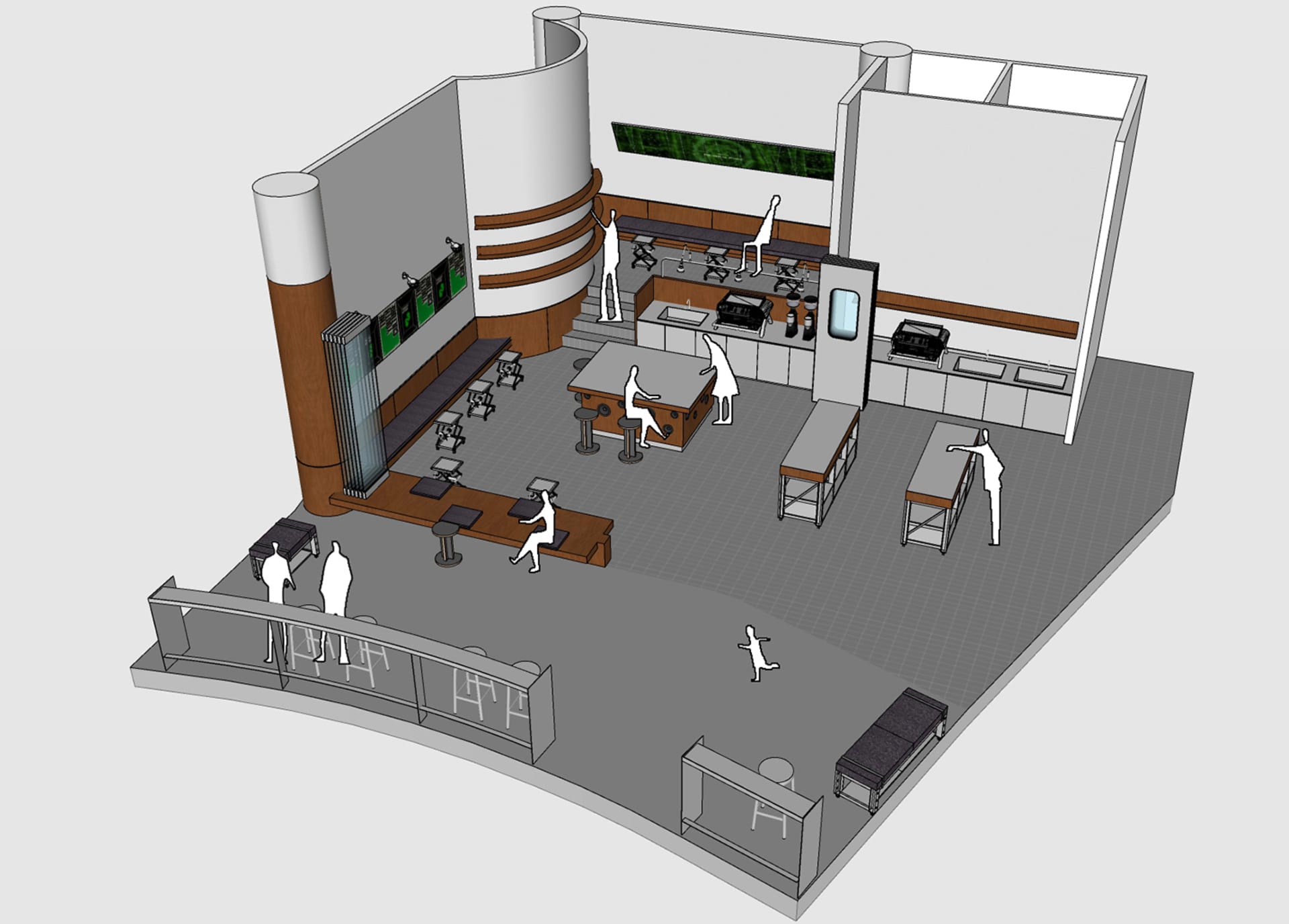 Modern restaurant kitchen with concrete, wood, and metal materials