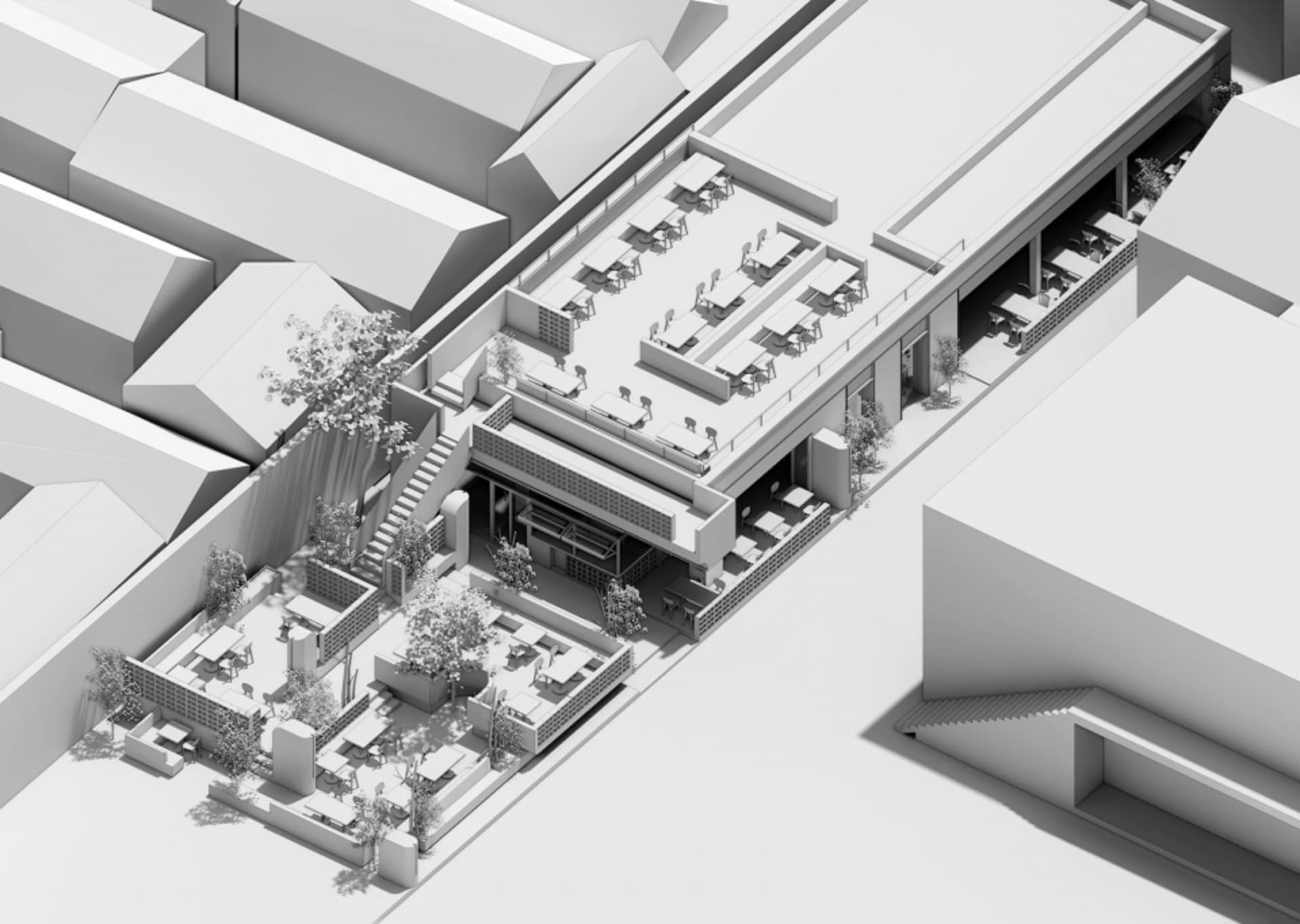 An isometric rendering of a modern restaurant featuring a concrete patio area with tables and chairs, and a rooftop dining ar