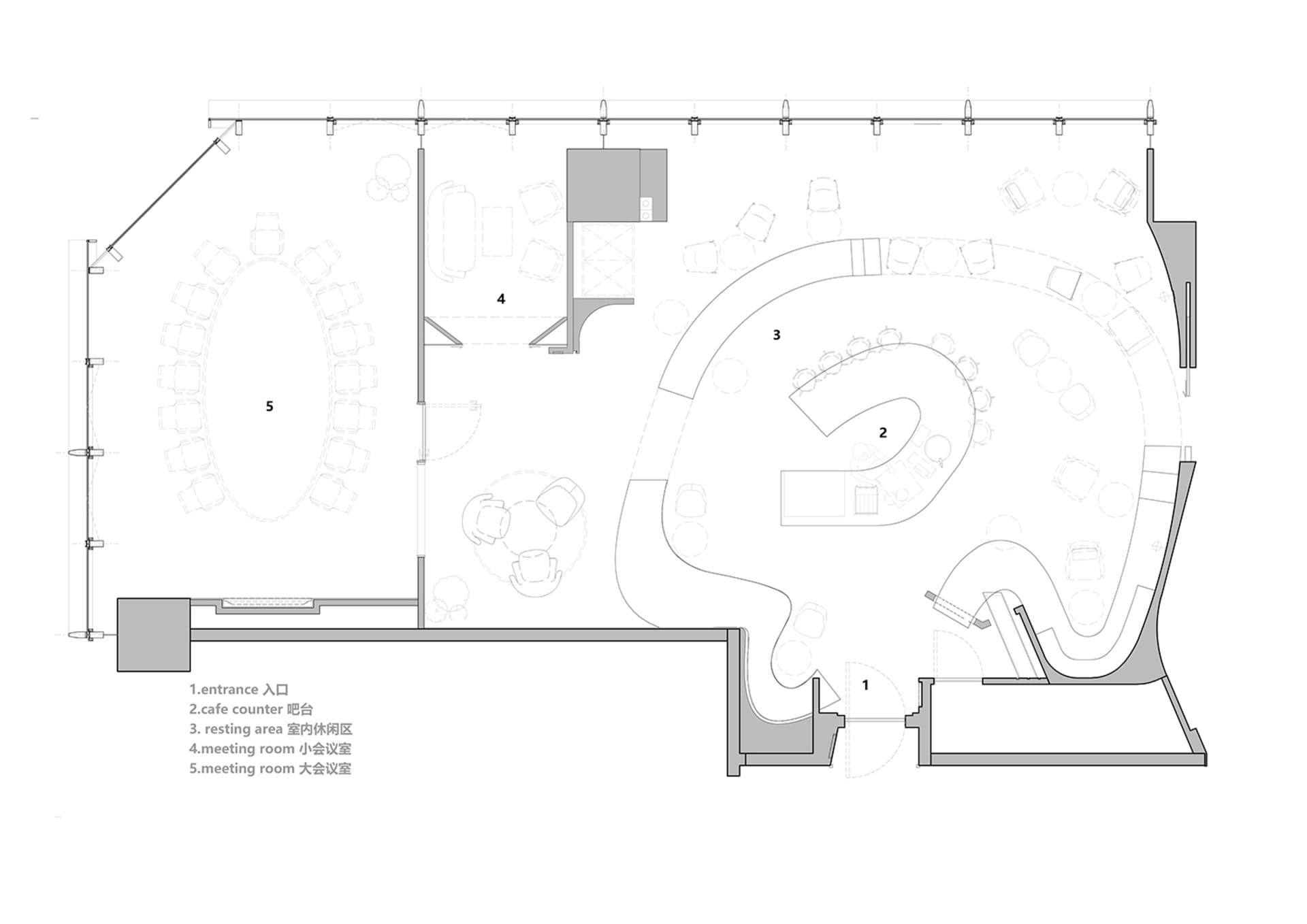A detailed floor plan of an office space, including hallways, meeting rooms, and a cafe counter.