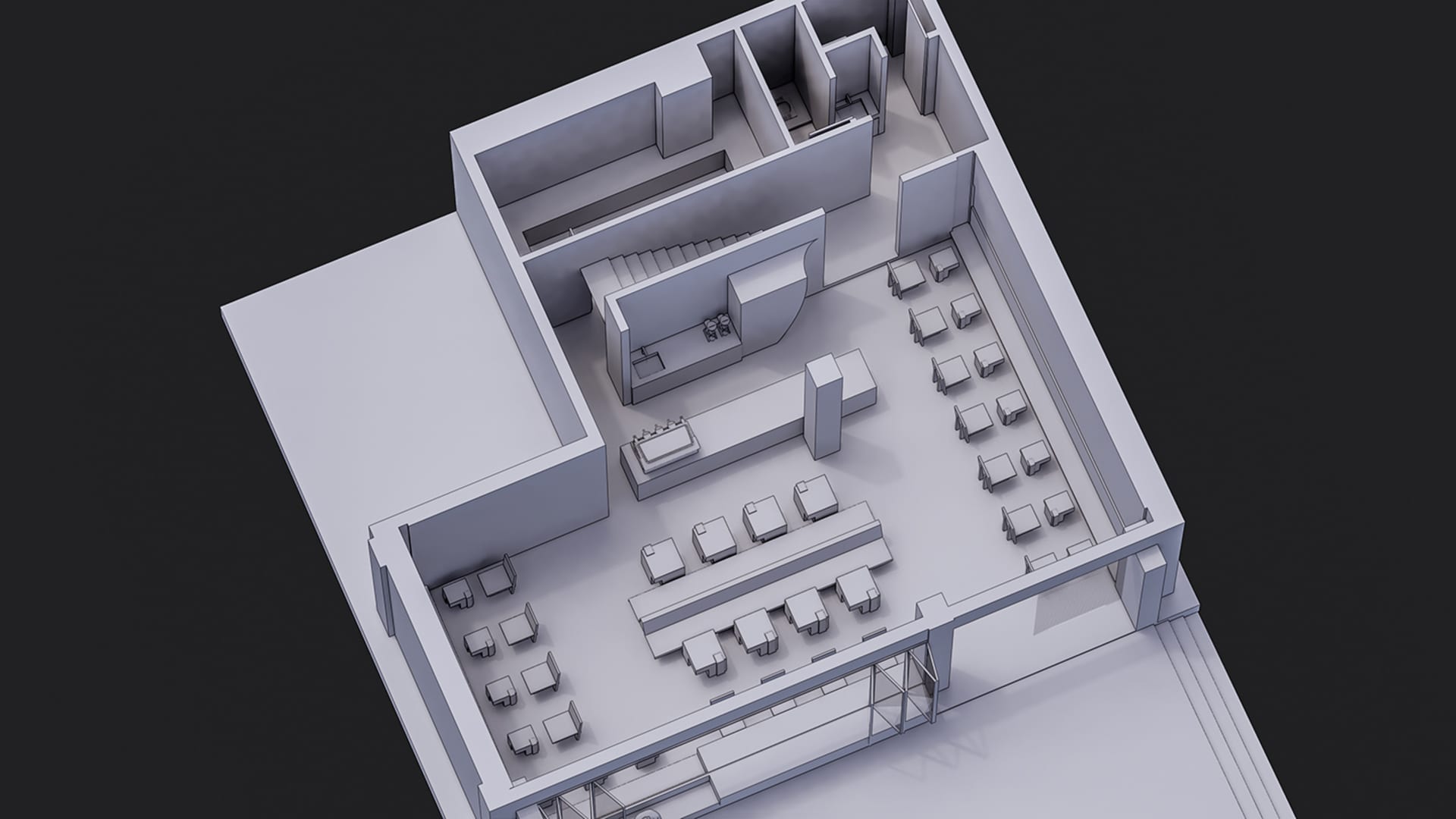 A 2D architectural drawing of a modern cafe with a concrete floor plan.