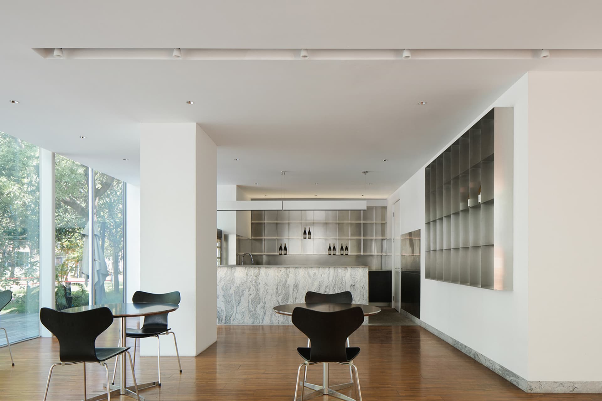 Modern kitchen with steel appliances and countertops