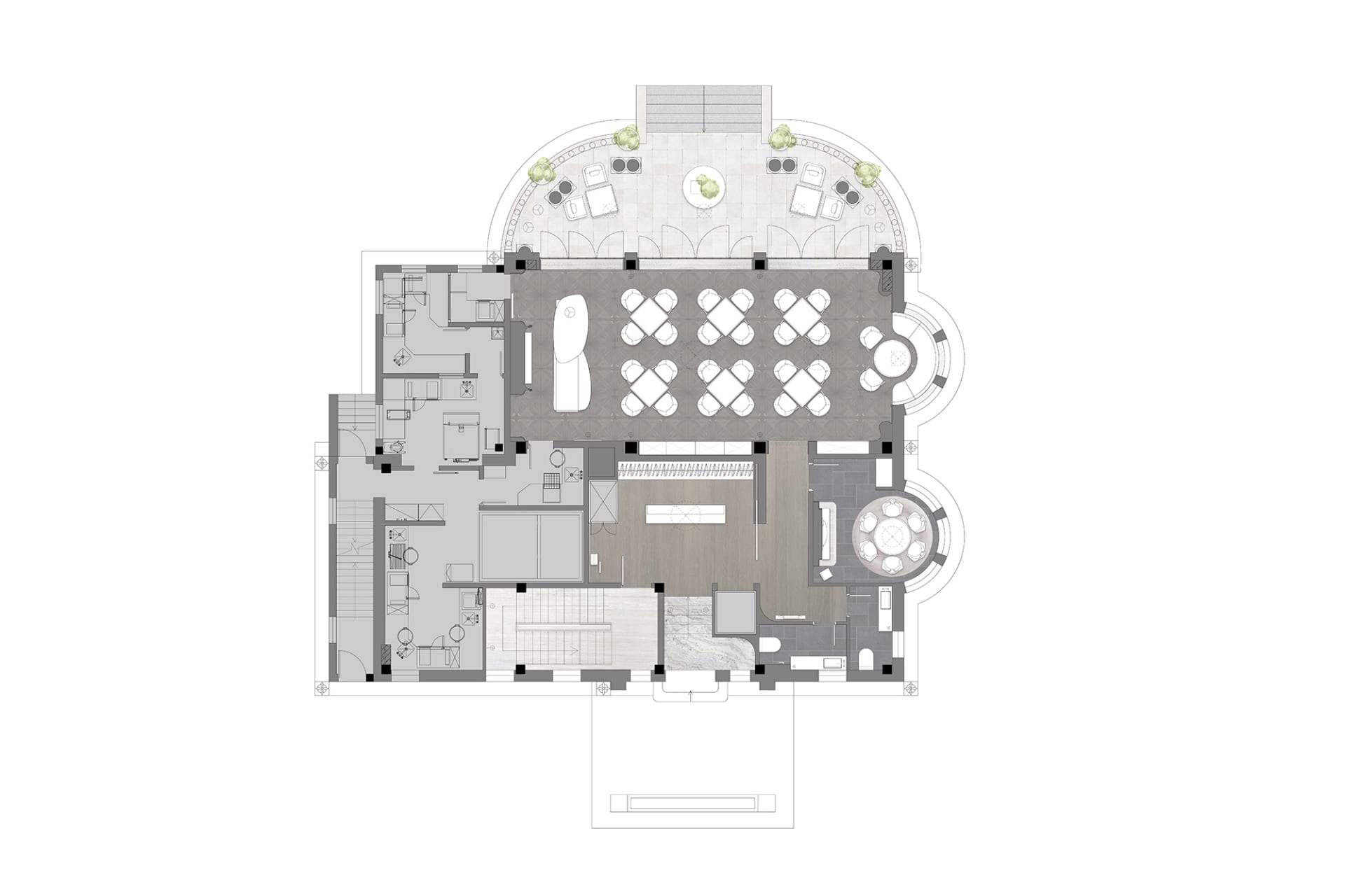 A detailed 2D architectural drawing of a restaurant floor plan featuring neutral-colored tile surfaces.