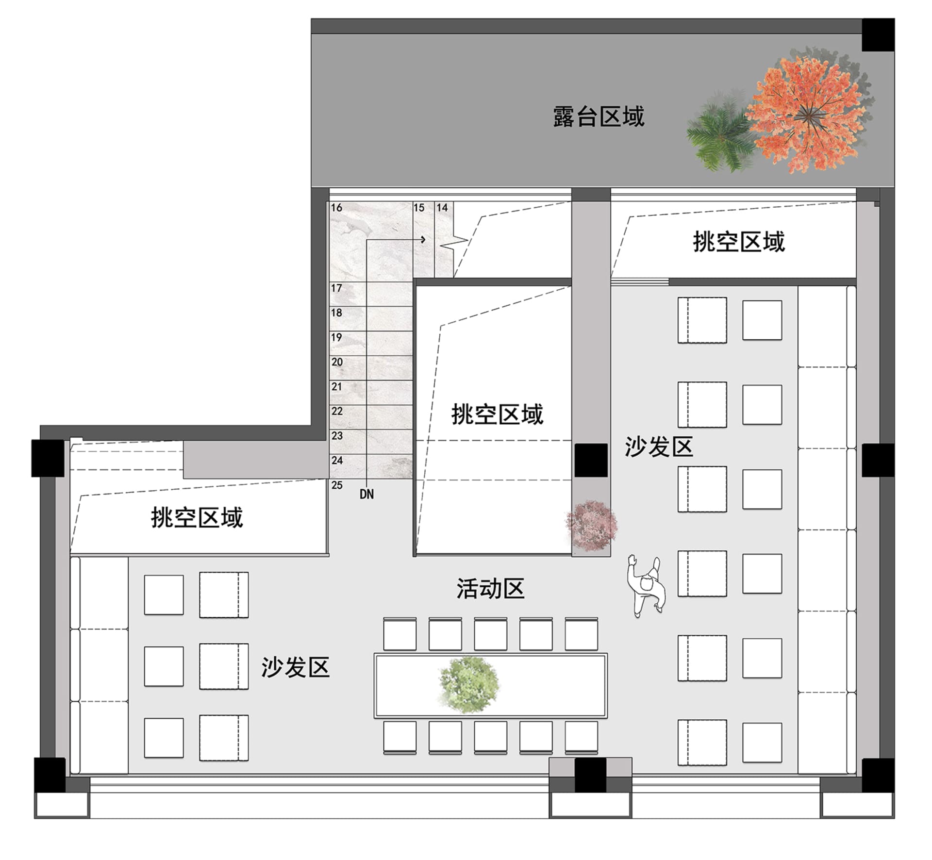 雙層辦公室空間的平面圖，標示不同功能區域。