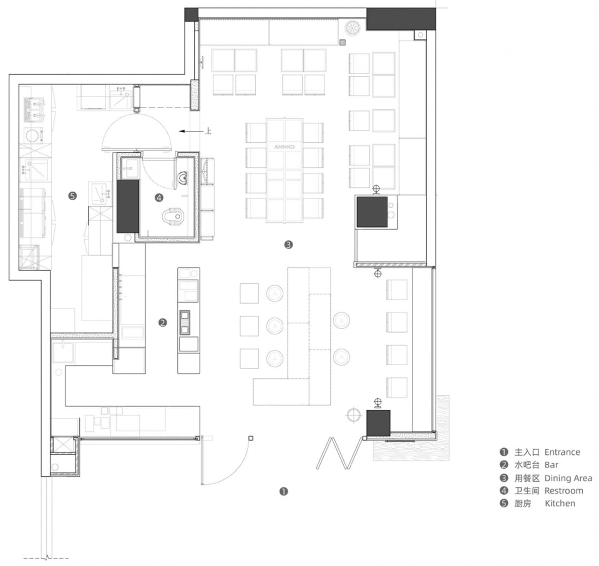 Detailed blueprint of an industrial-style restaurant featuring metal accents.