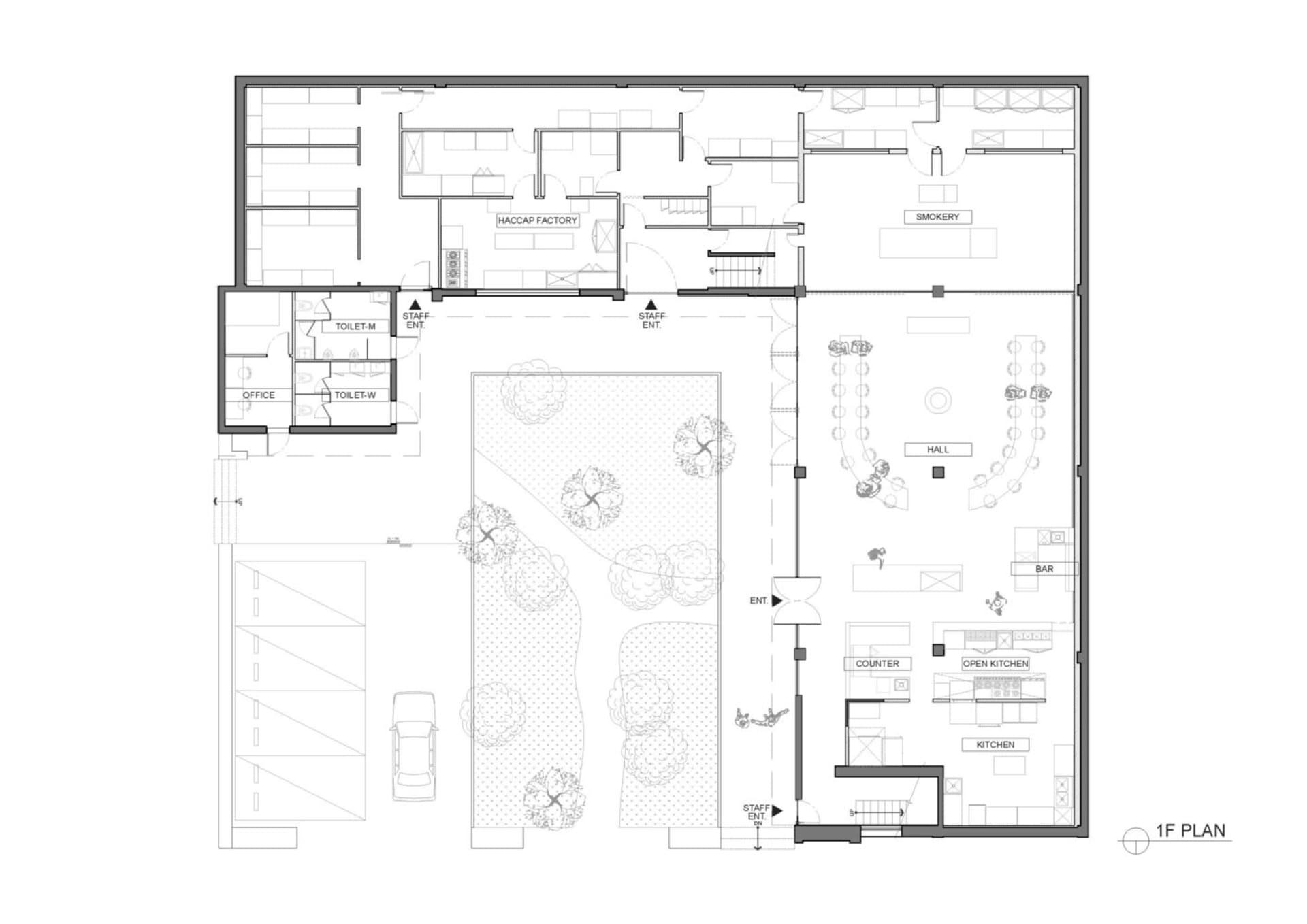 Floor plan of a restaurant interior showing various functional zones, including a hall, bar, open kitchen, counter, and dinin
