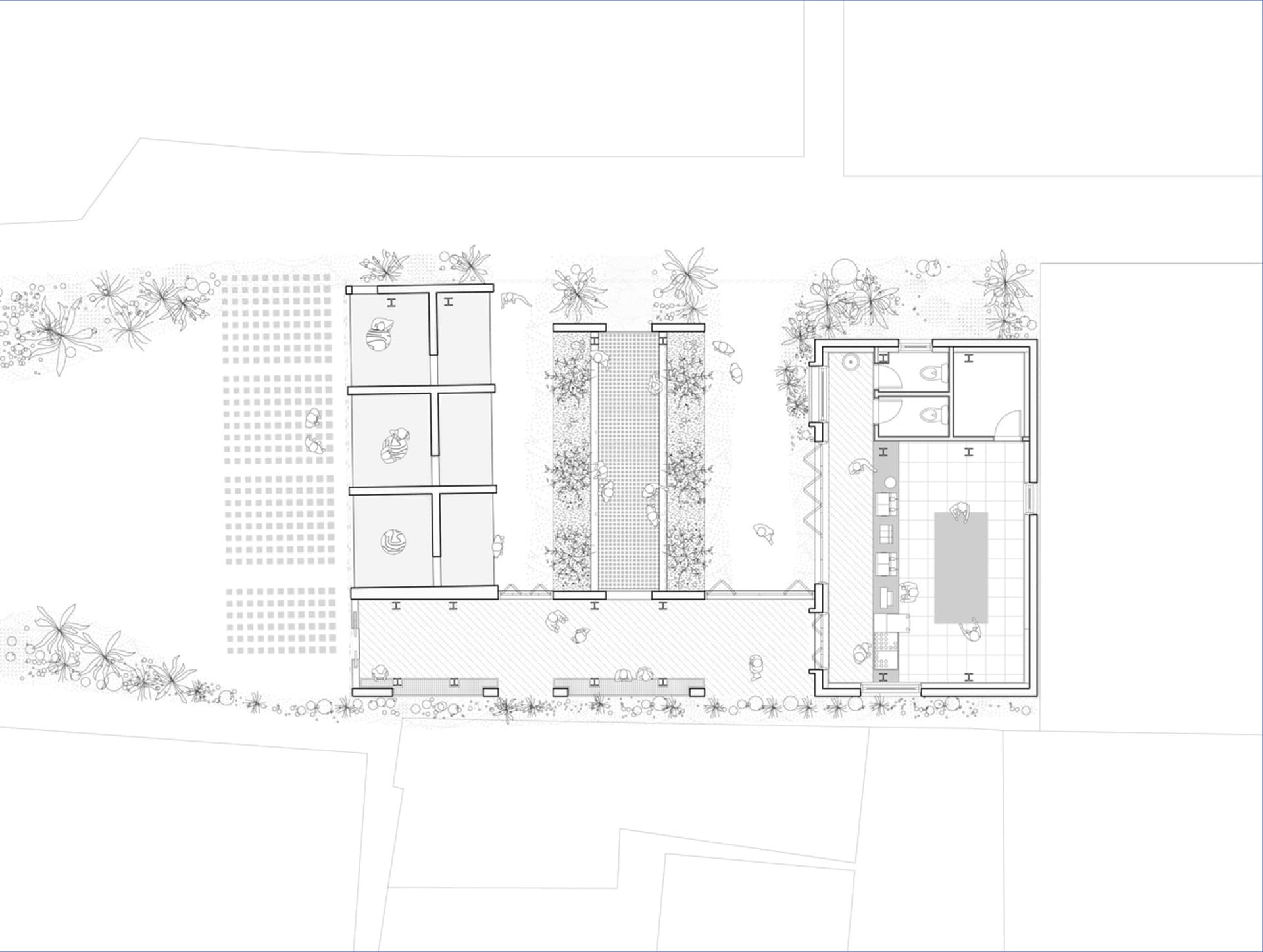 A detailed 2D architectural drawing of a modern office space showing various rooms and functional zones.