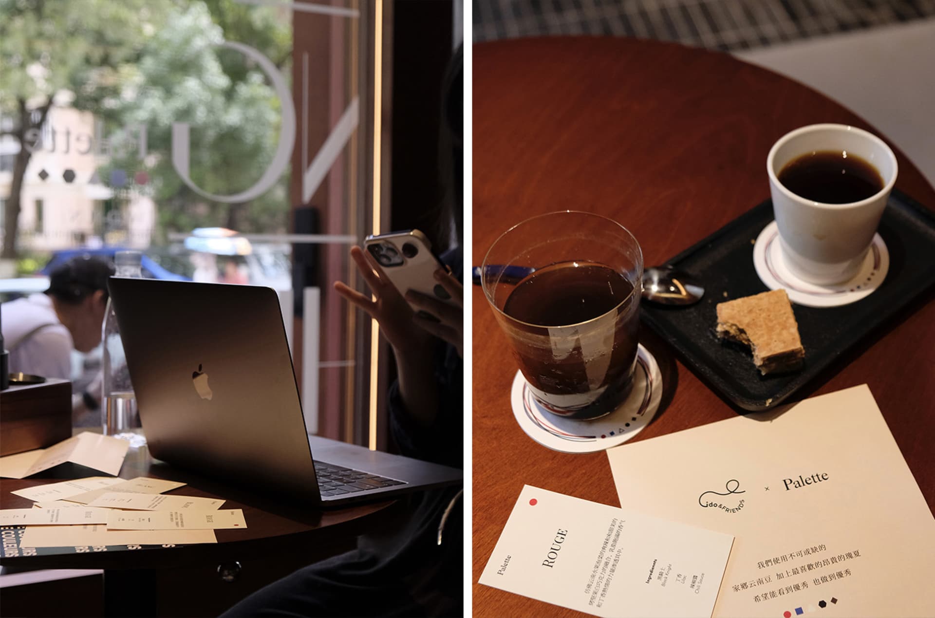 A coffee shop scene featuring a wooden table with a cup of coffee and a slice of cake, next to a laptop and a smartphone.