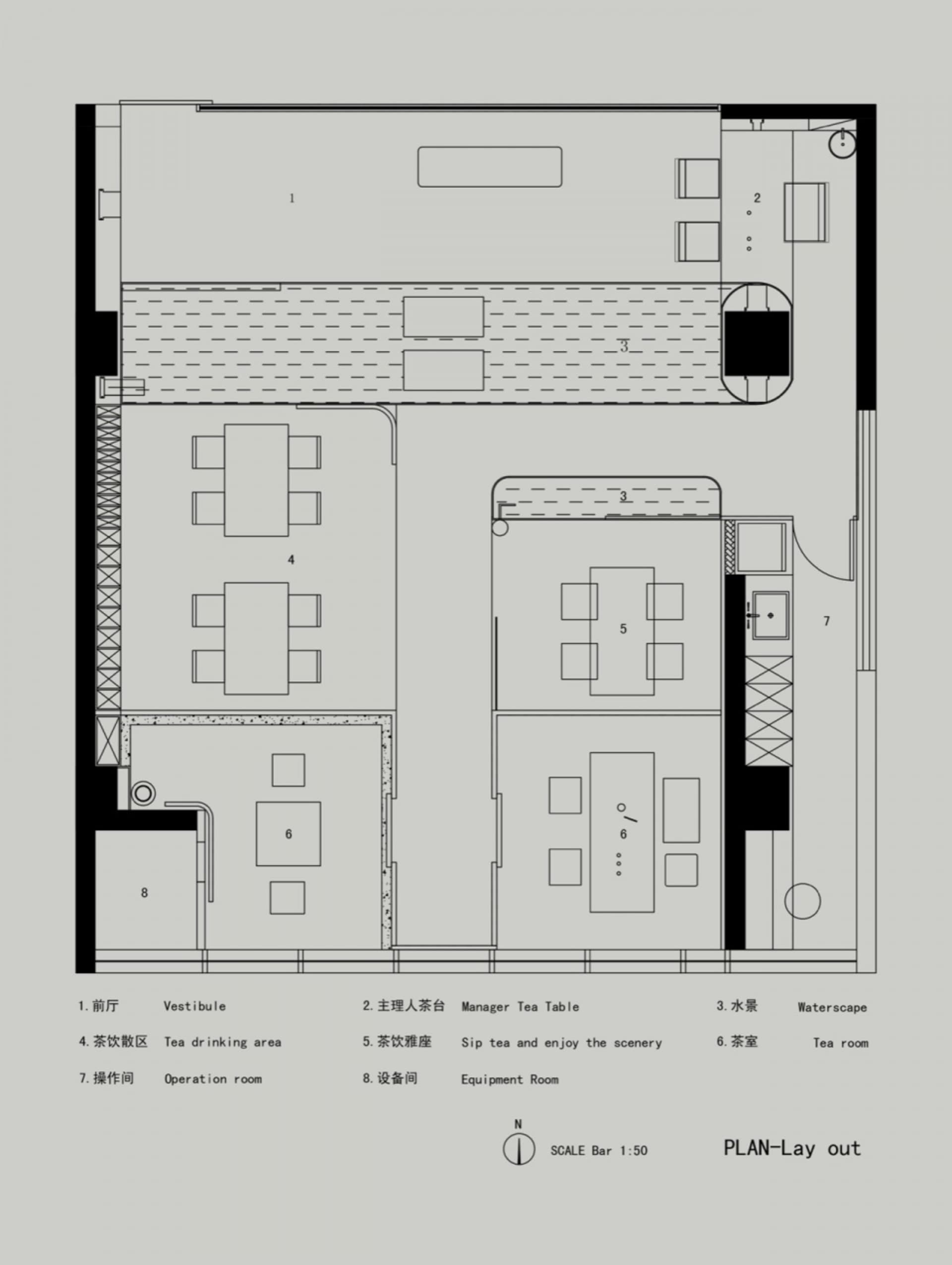 Floor plan of a restaurant showcasing tables, chairs, and other interior elements.